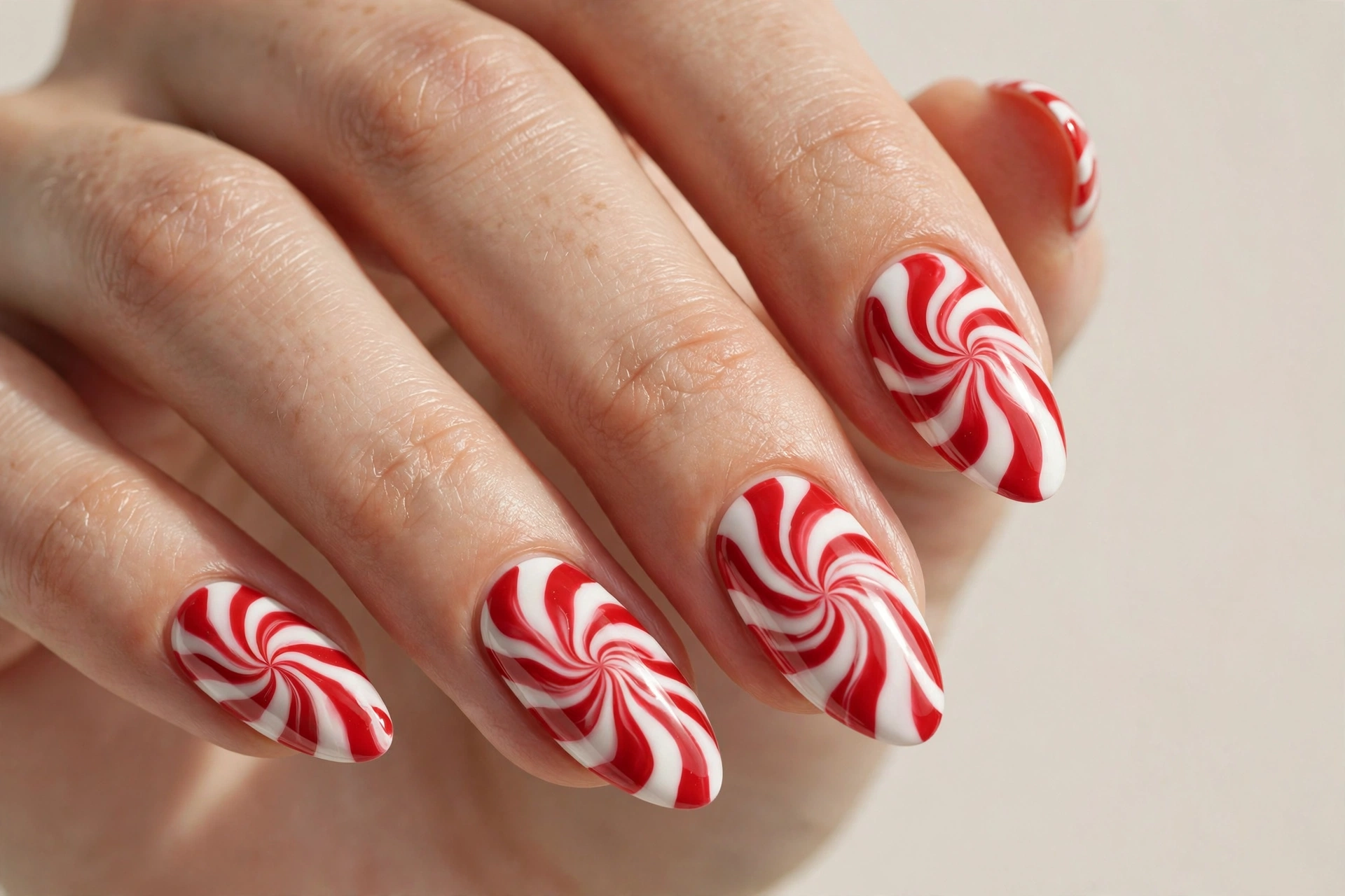 Peppermint red and white swirl holiday nail art