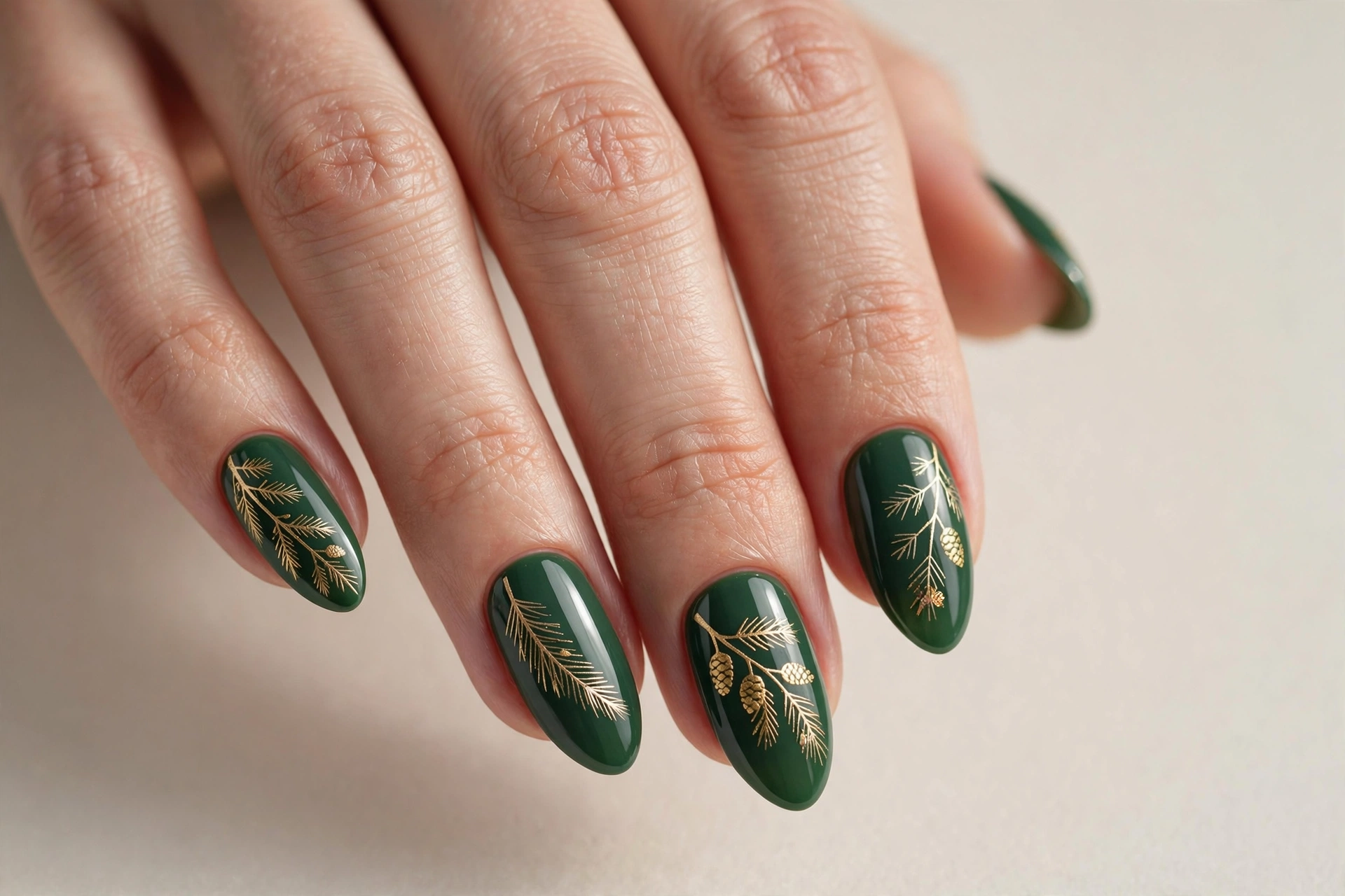 Gold pine branch nail art on forest green holiday nails