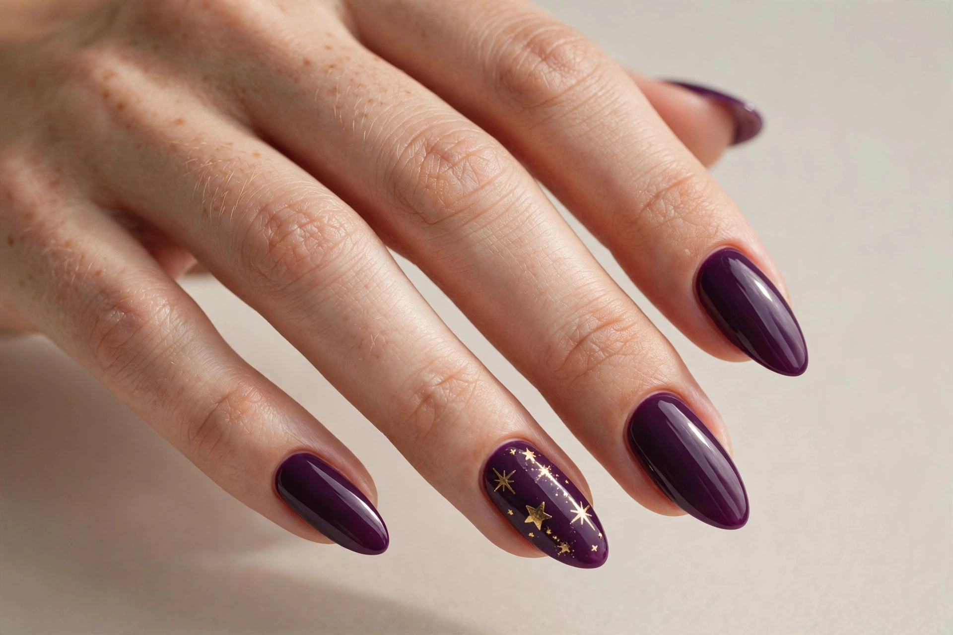 Deep plum nails with gold star accent holiday nail art