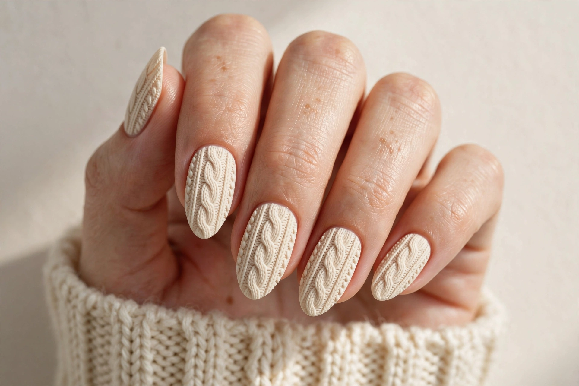 Cream cable knit sweater texture holiday nail art
