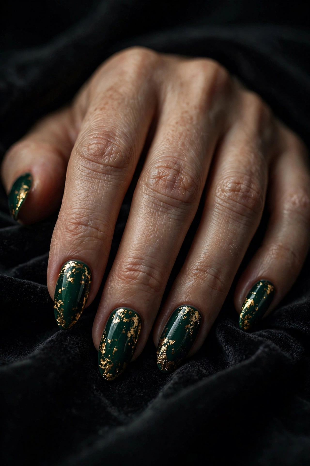 Deep emerald green nails with irregular gold foil flakes on almond shaped nails