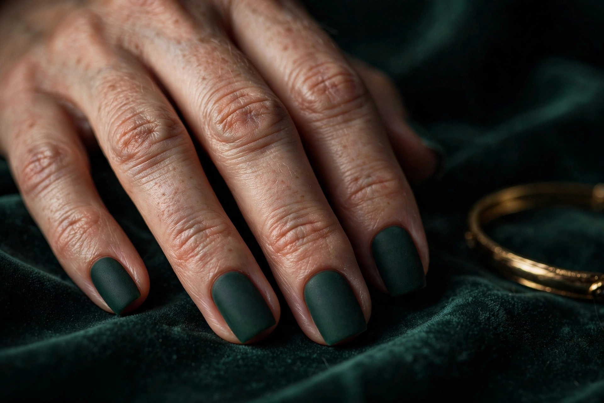 Matte deep forest green velvet finish nails on medium square nails