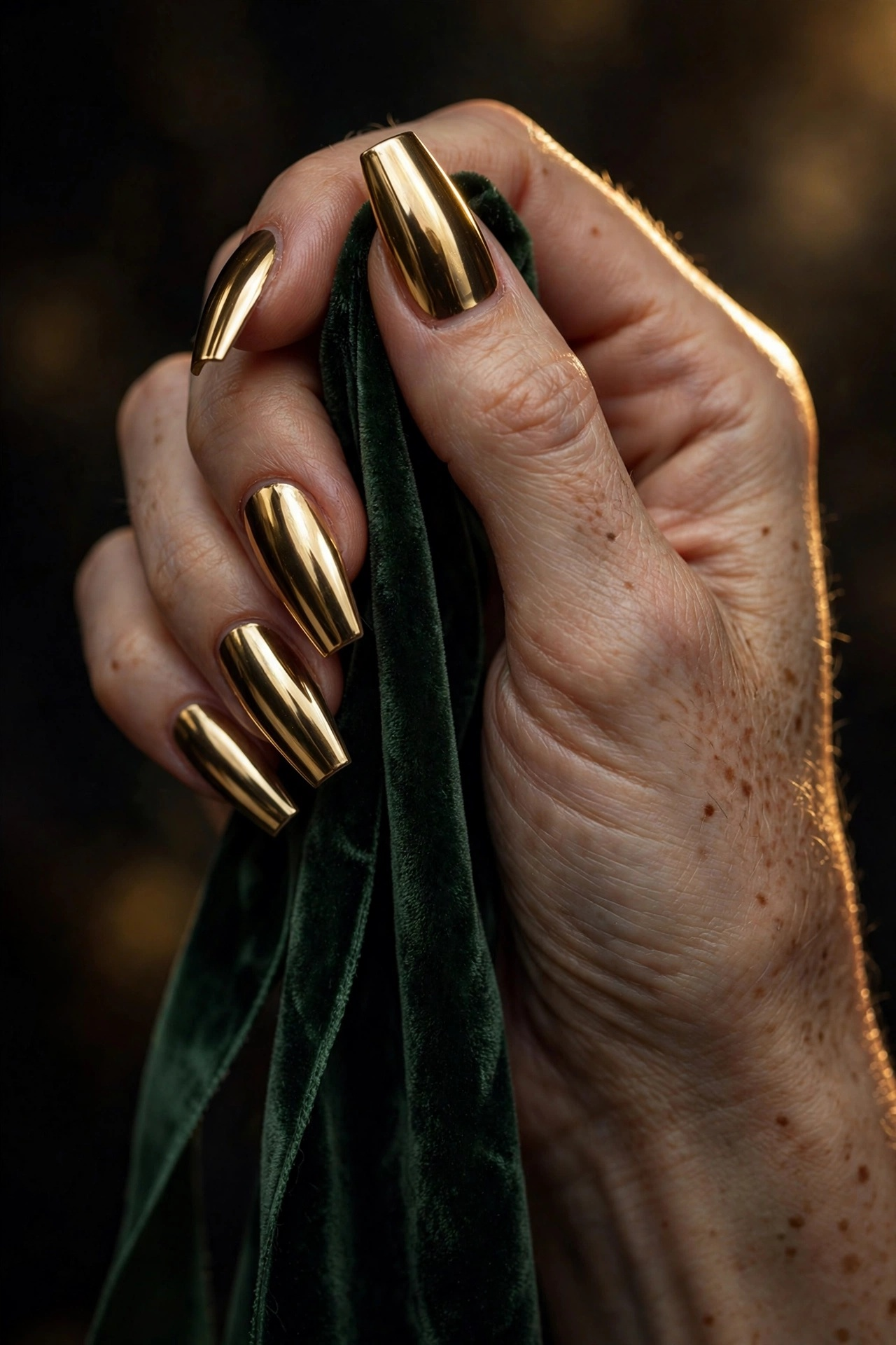 Mirror-shine liquid gold chrome nails on long coffin shaped nails