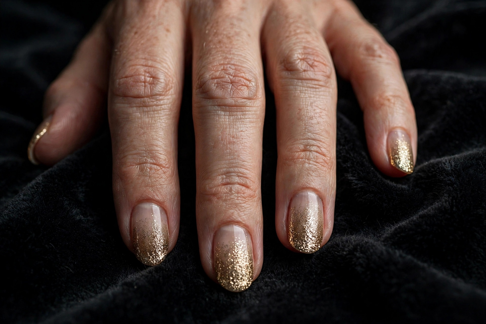 Champagne gold glitter ombre nails fading from nude to gold sparkle on oval nails