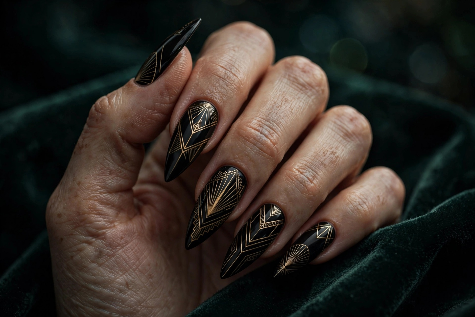 Glossy black nails with thin gold art deco geometric line designs on stiletto nails