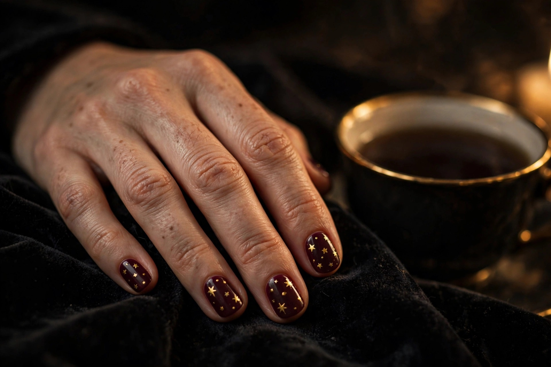 Deep burgundy wine nails with tiny hand-painted gold stars on short rounded nails