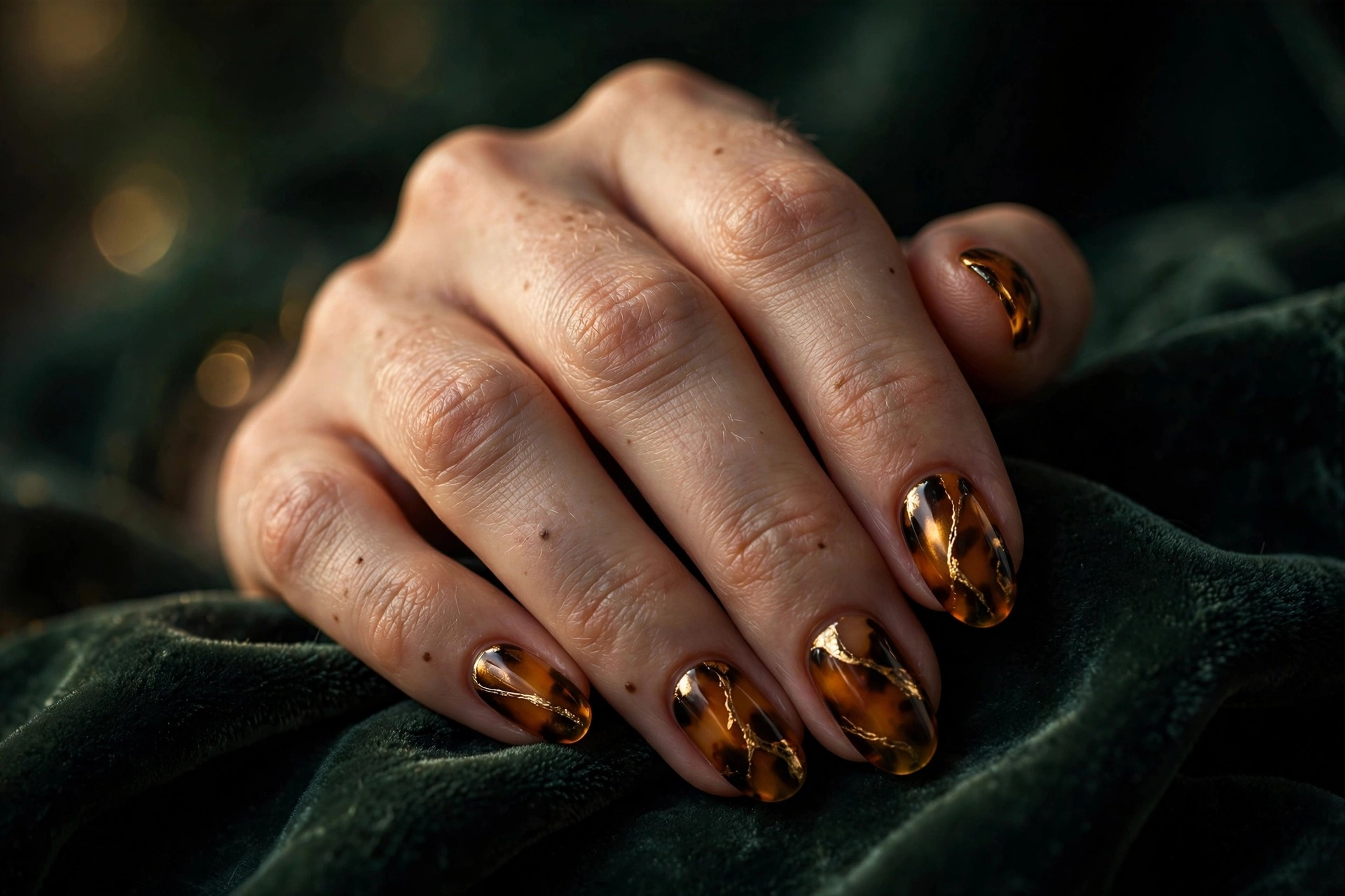 Amber tortoiseshell patterned nails veined with metallic gold on almond nails