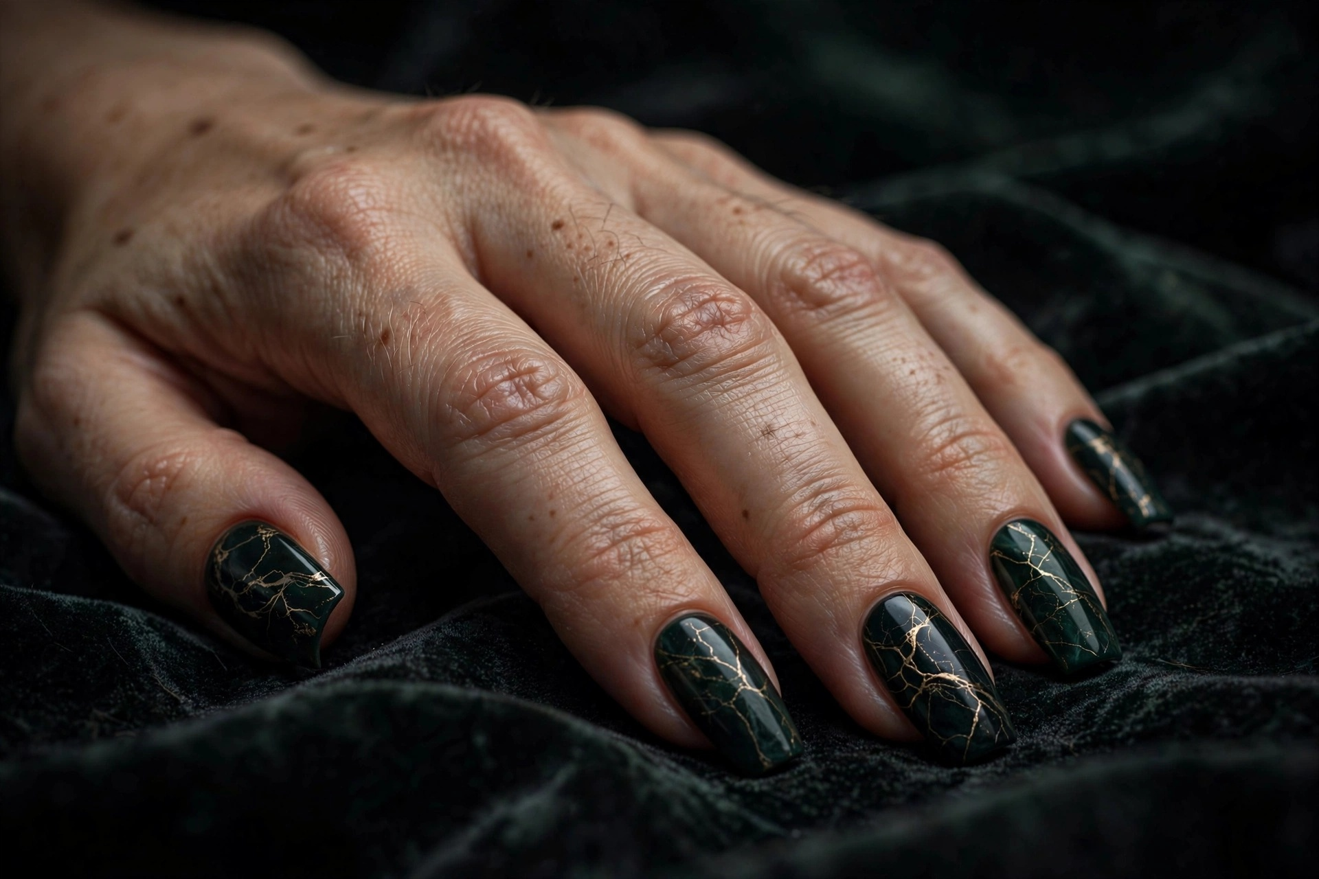 Dark midnight green marble nails with thin gold veins on coffin nails