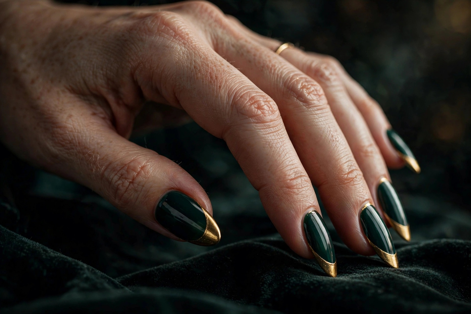 French manicure with metallic gold tips over deep emerald base on almond nails