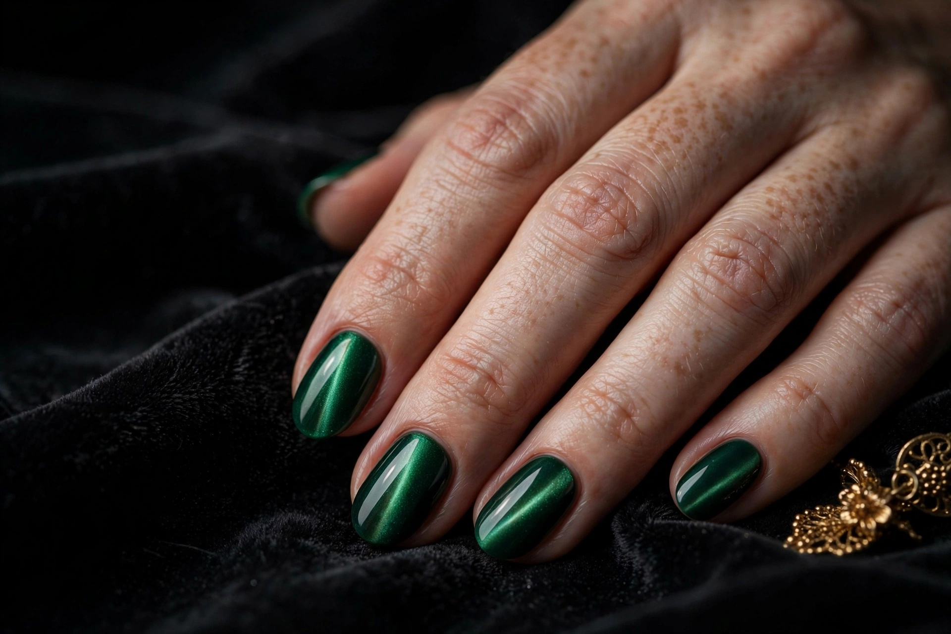 Magnetic emerald green cat-eye nails with shifting shimmer stripe on oval nails