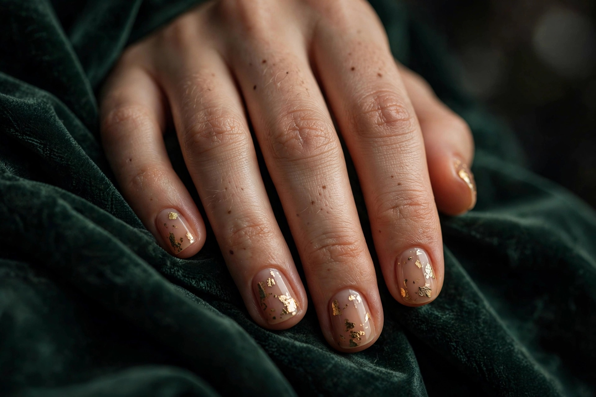 Sheer warm nude nails with scattered gold leaf fragments on short squoval nails