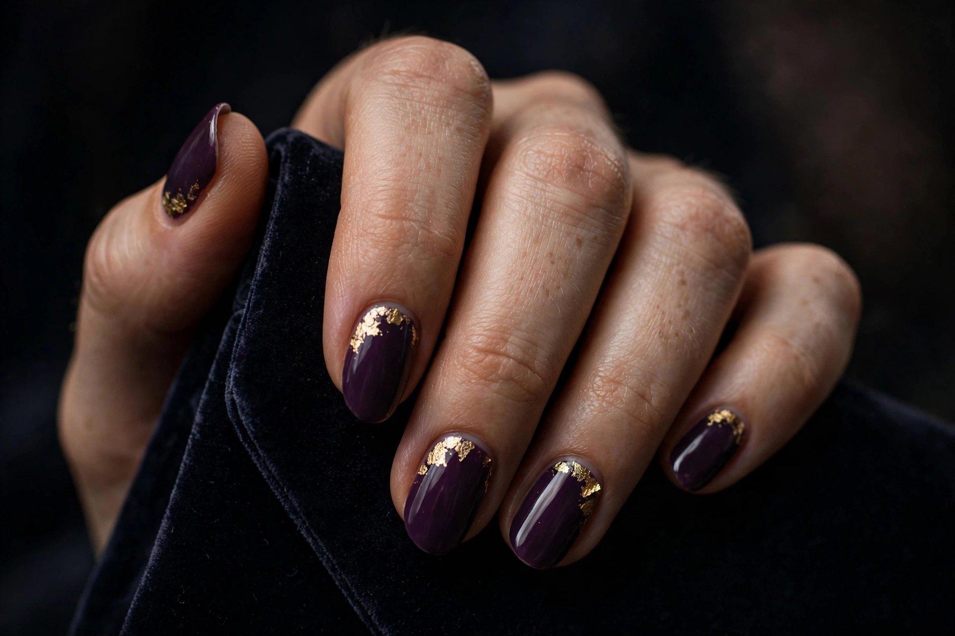 Deep plum purple nails with gold foil accents near cuticles on almond nails