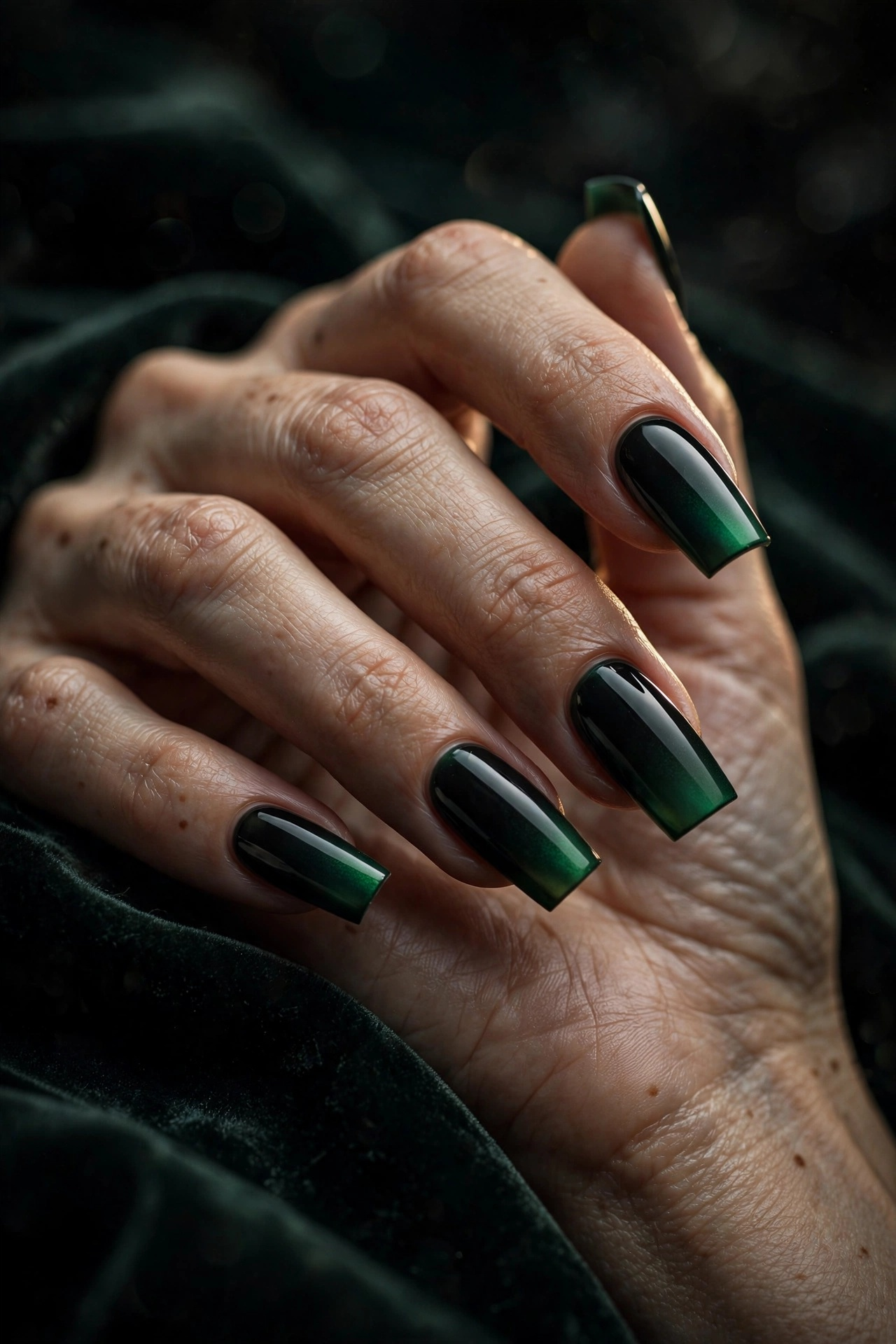 Black to emerald green ombre gradient nails on long square nails