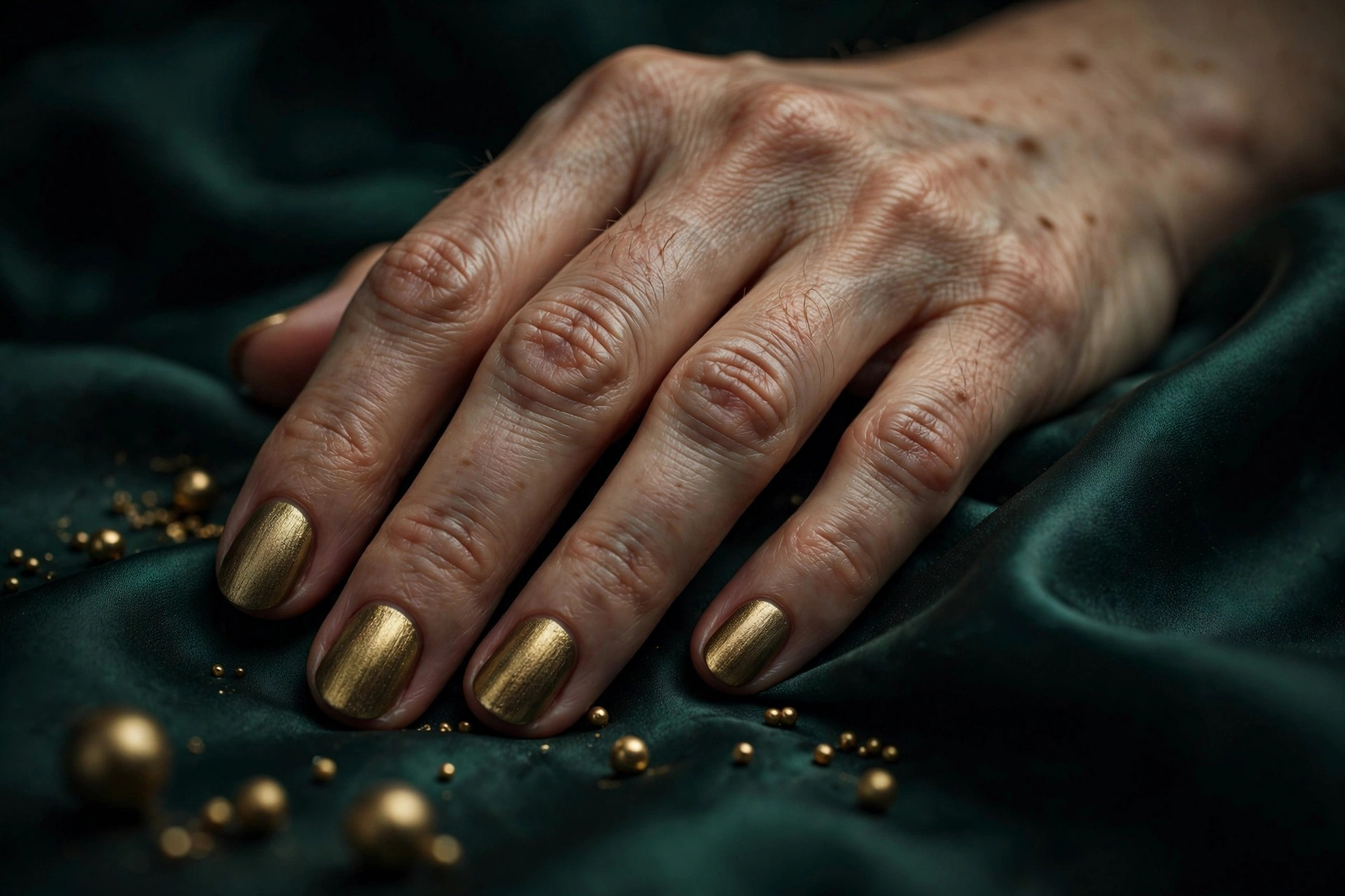 Brushed antique gold metallic nails on short oval nails