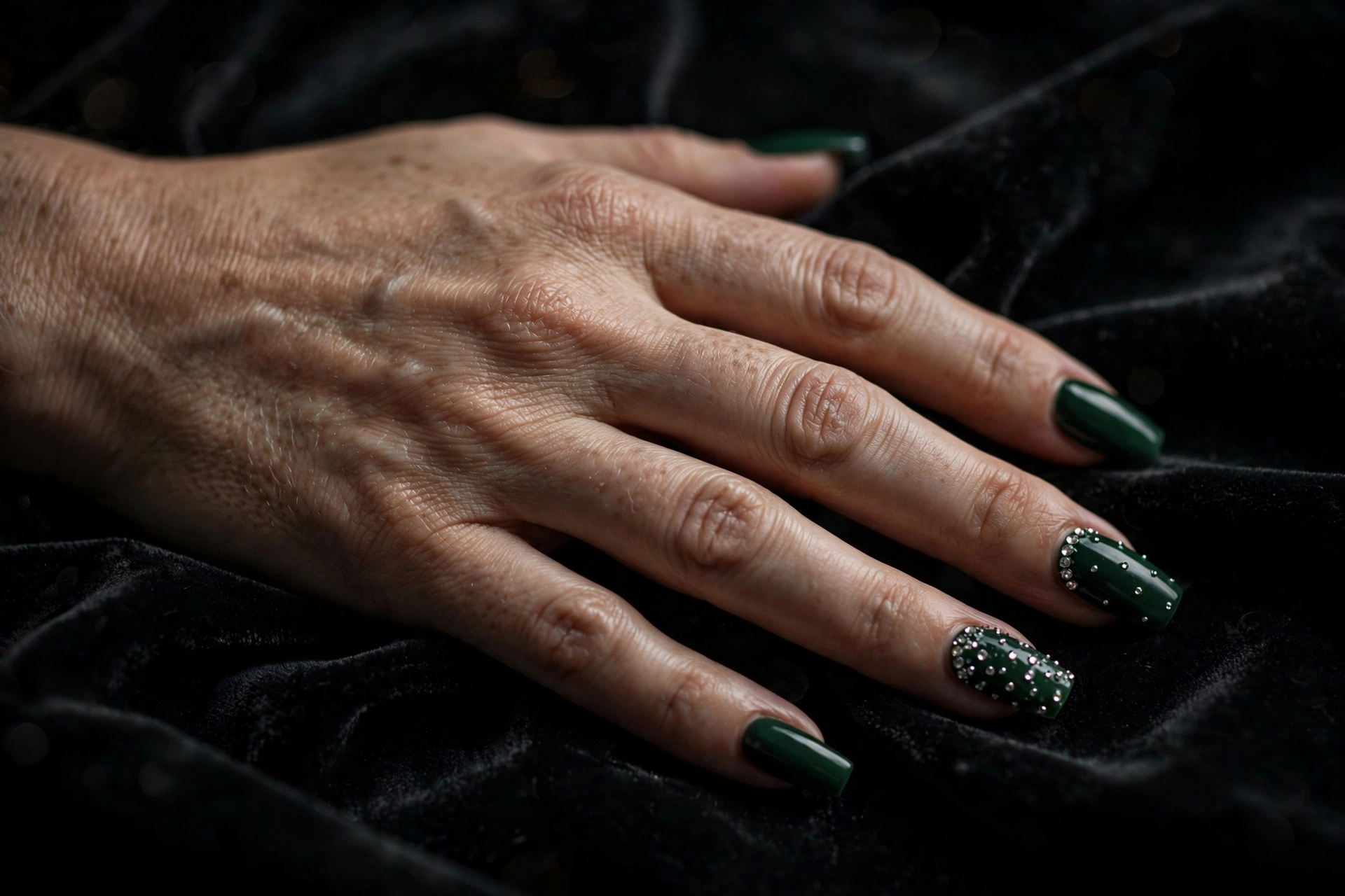 Deep forest green nails with tiny crystal rhinestone accents on coffin nails