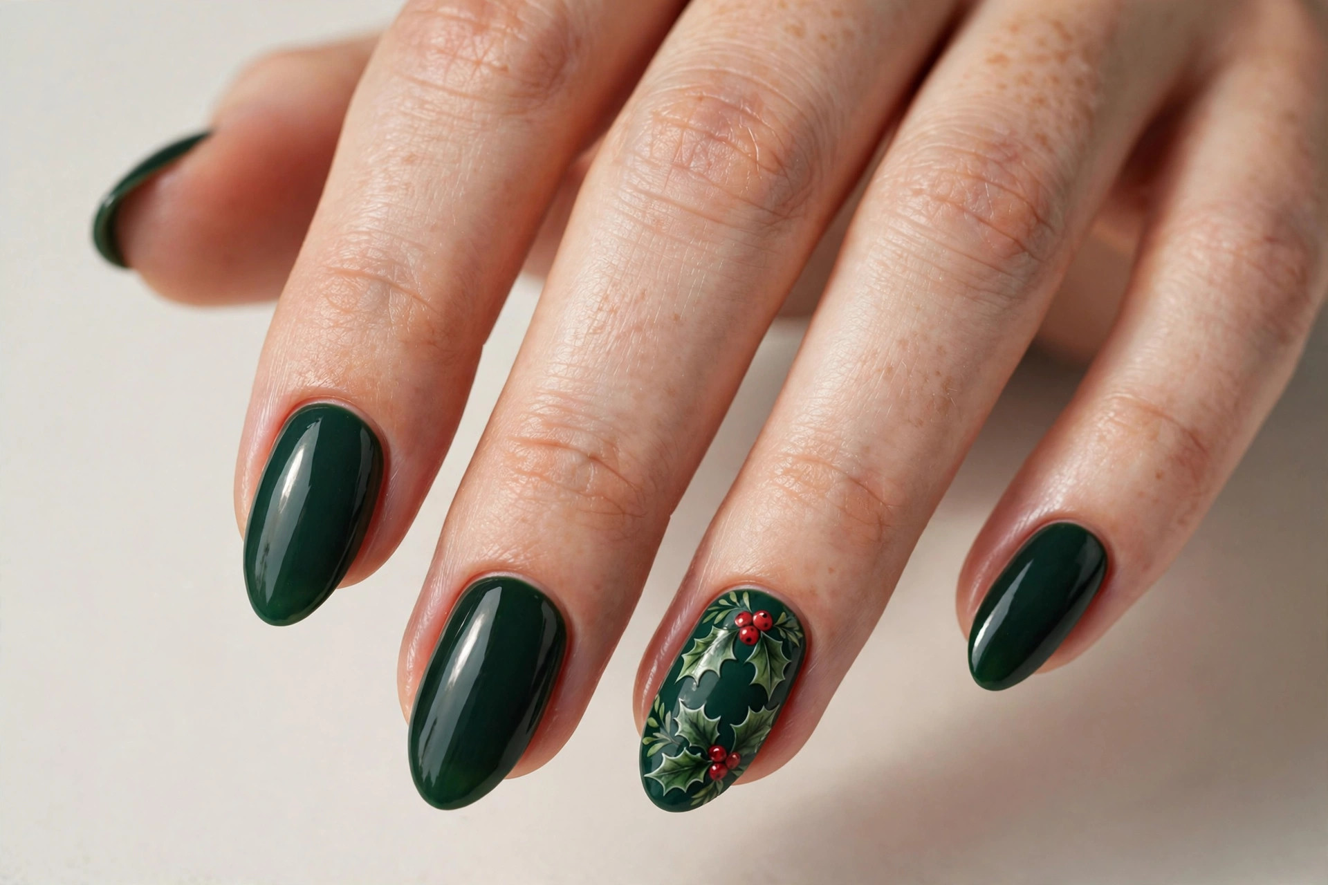Deep green almond nails with red holly berry and leaf nail art