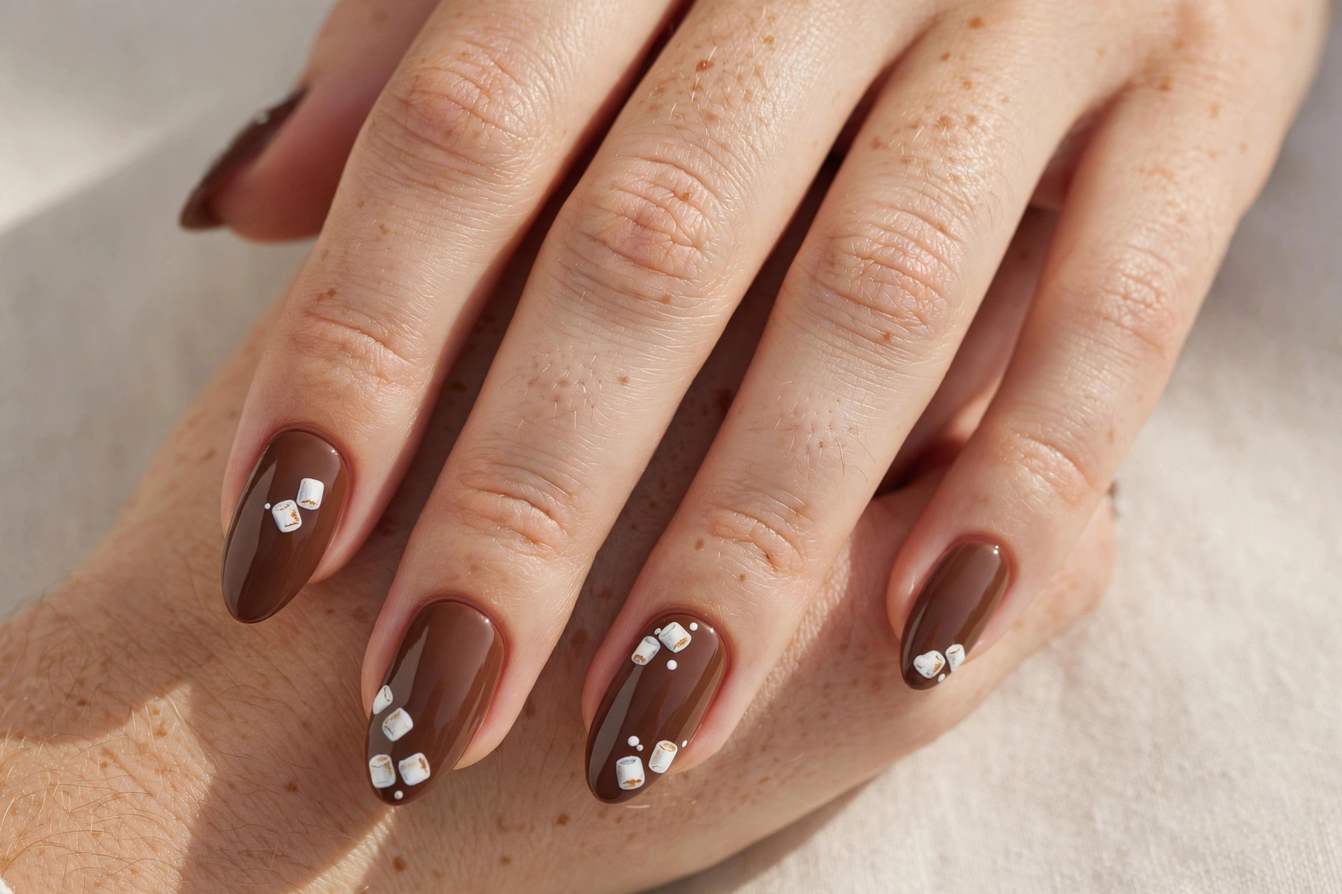 Close-up of a woman's hand with hot cocoa brown manicure with tiny white marshmallow nail art on almond shaped nails