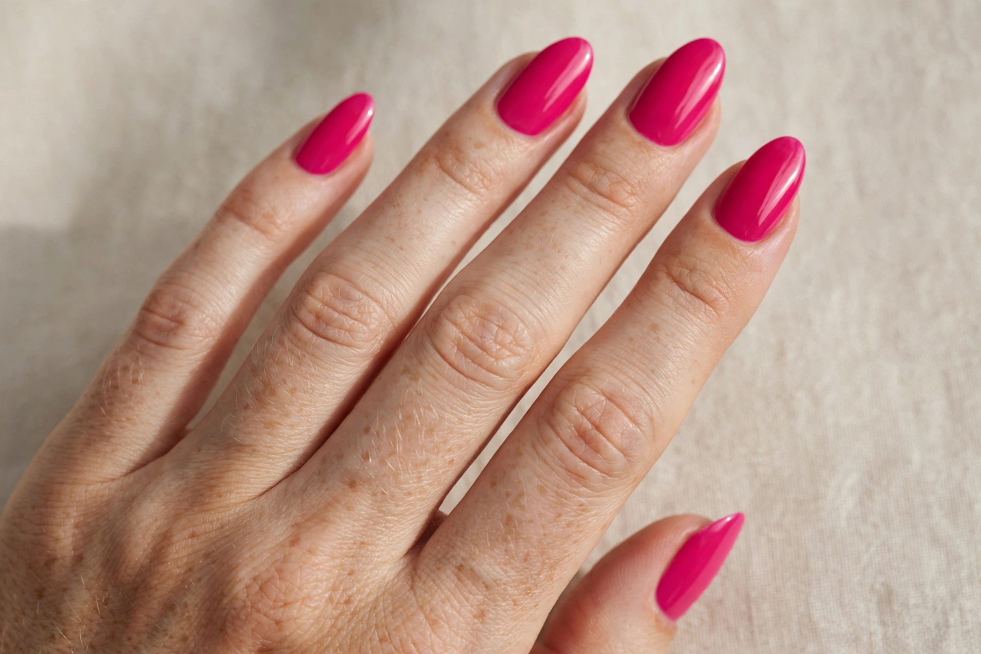 Classic glossy solid hot pink manicure on almond shaped nails