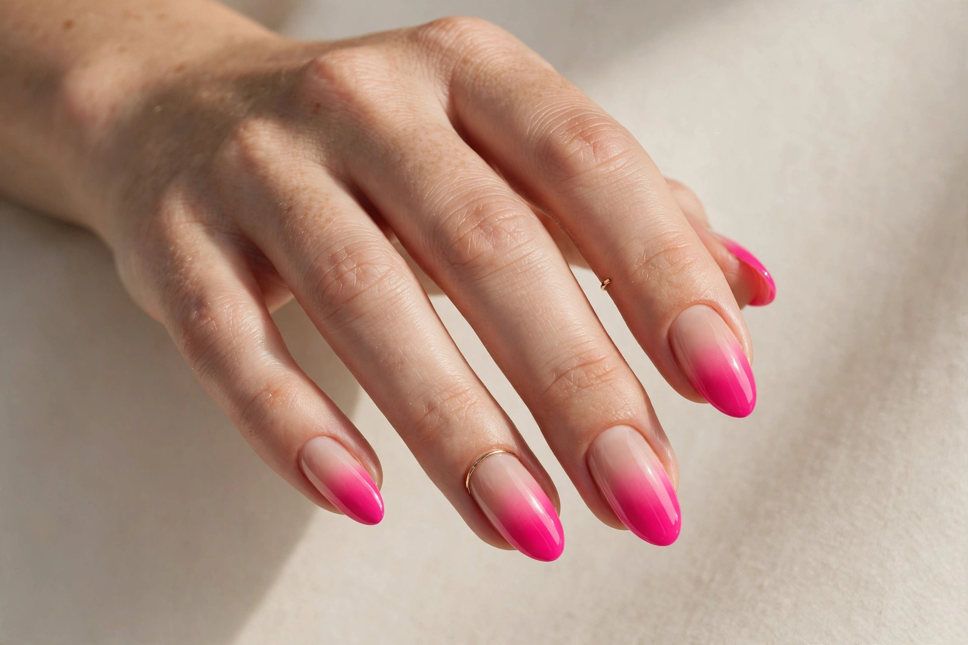 Hot pink ombre nails fading from nude to vibrant hot pink
