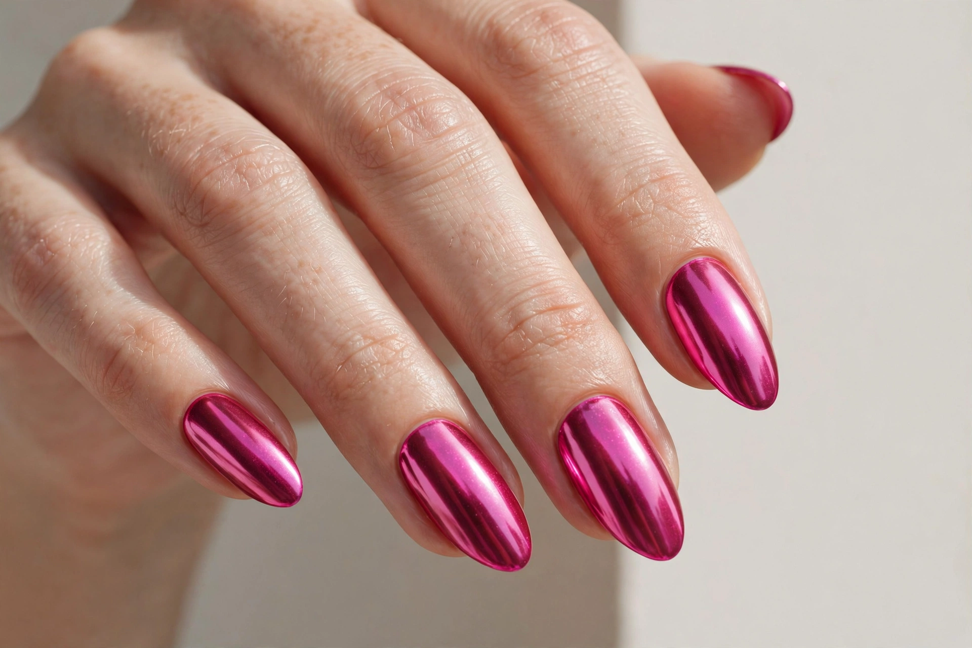 Metallic hot pink chrome nails with a mirror finish