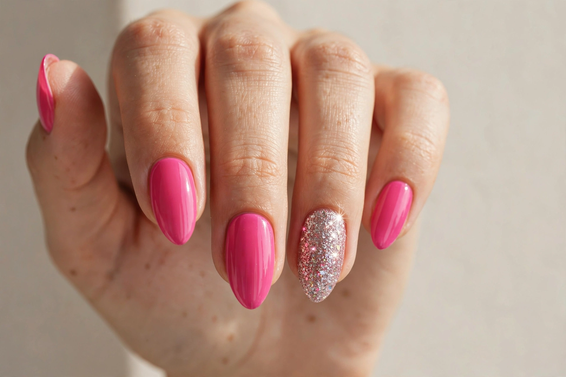 Hot pink nails with one silver glitter accent nail