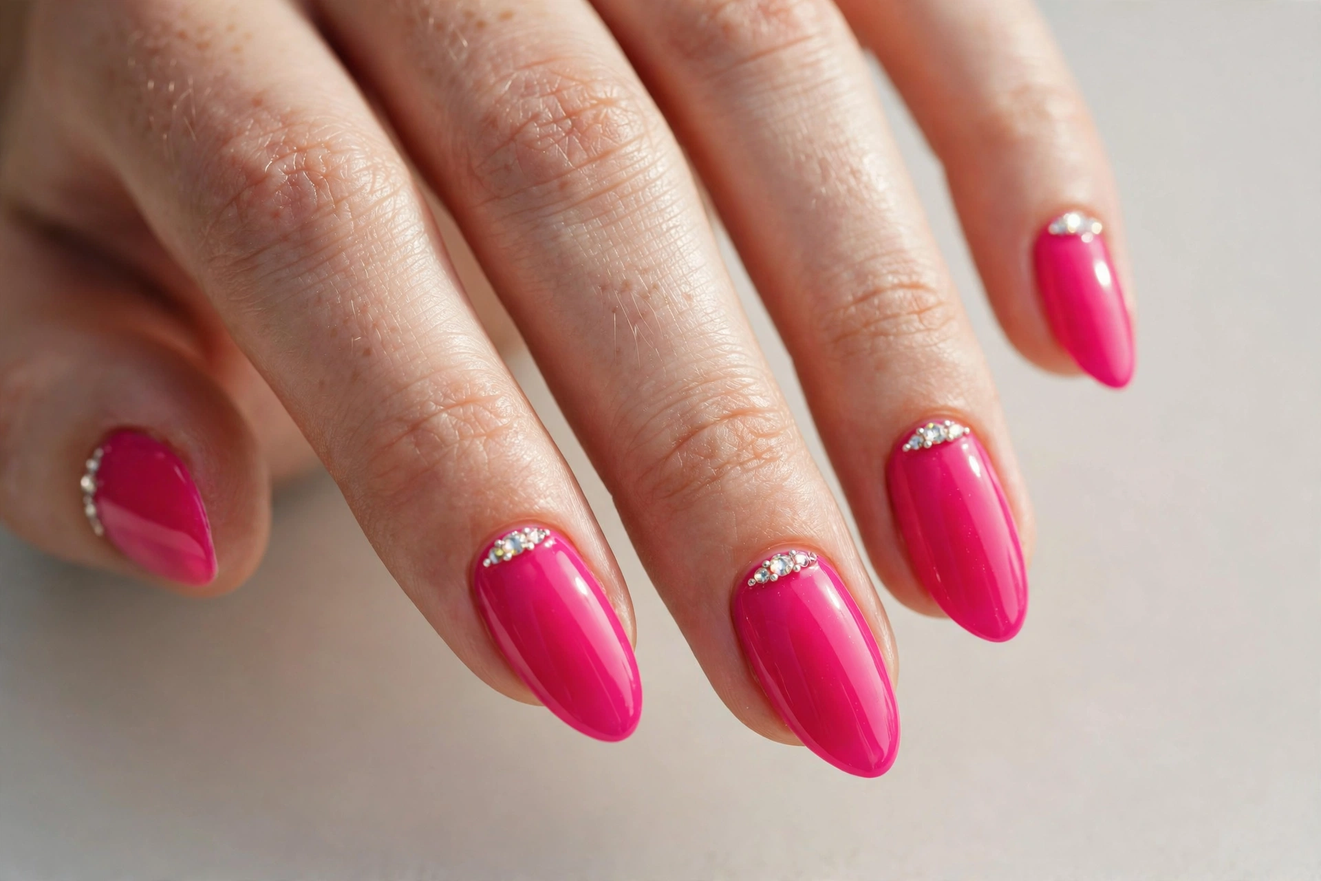 Hot pink nails with small rhinestone accents near the cuticle