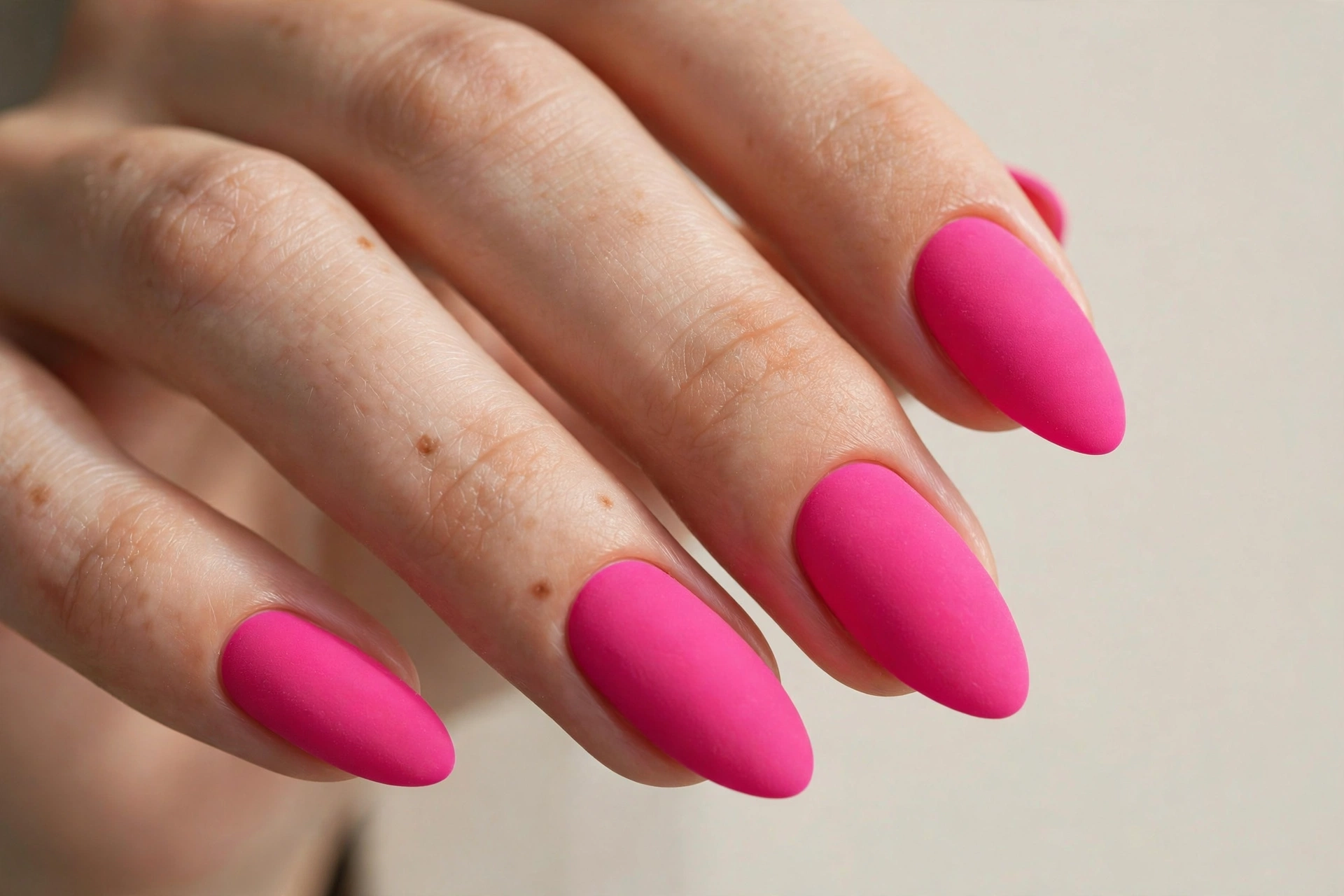 Neat glossy hot pink manicure with a clean salon finish