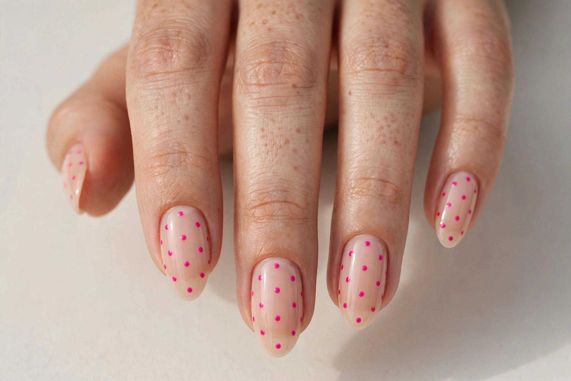 Nude nails with tiny hot pink polka dot sprinkles