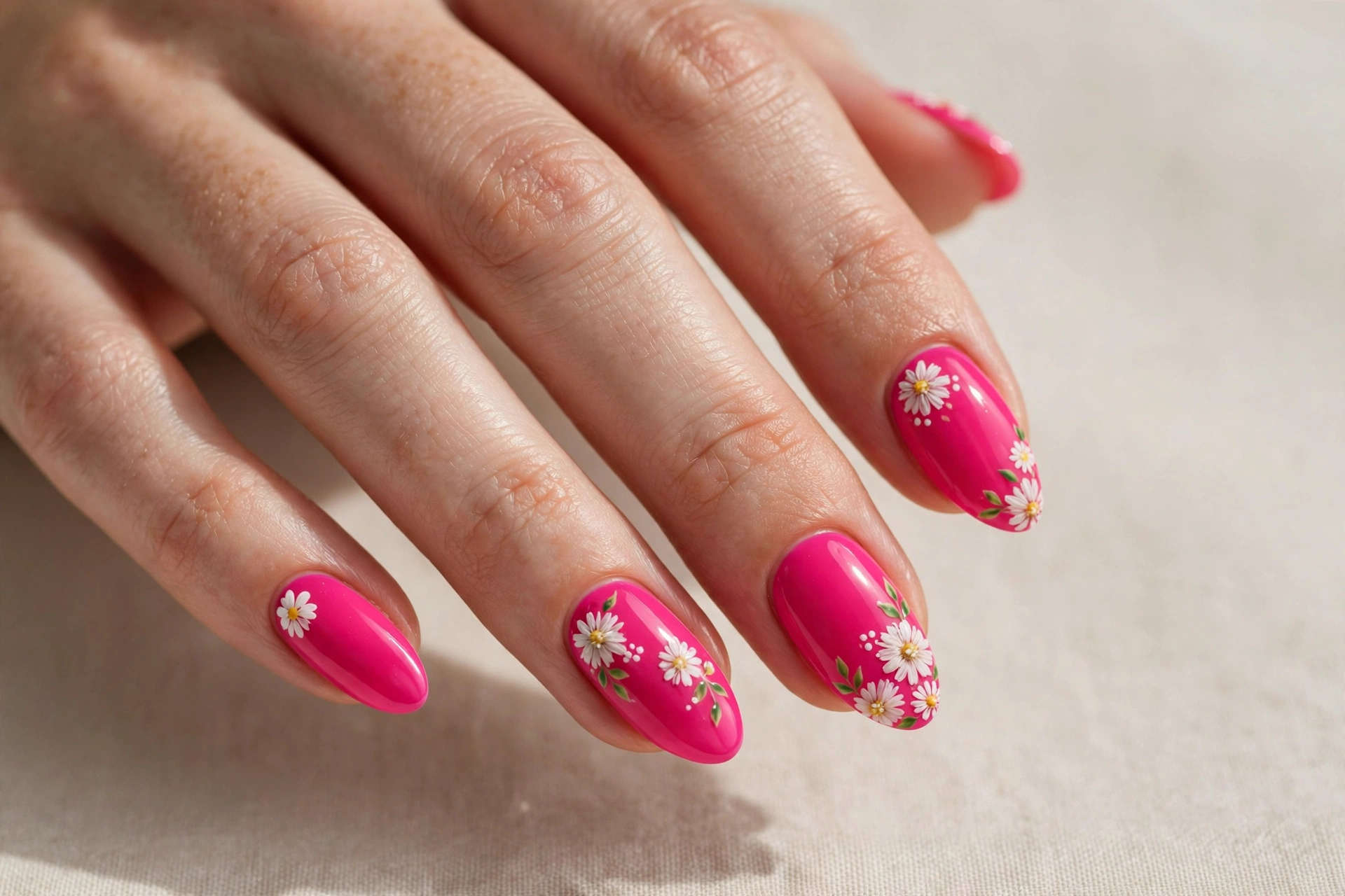 Hot pink nails with white daisy flower art