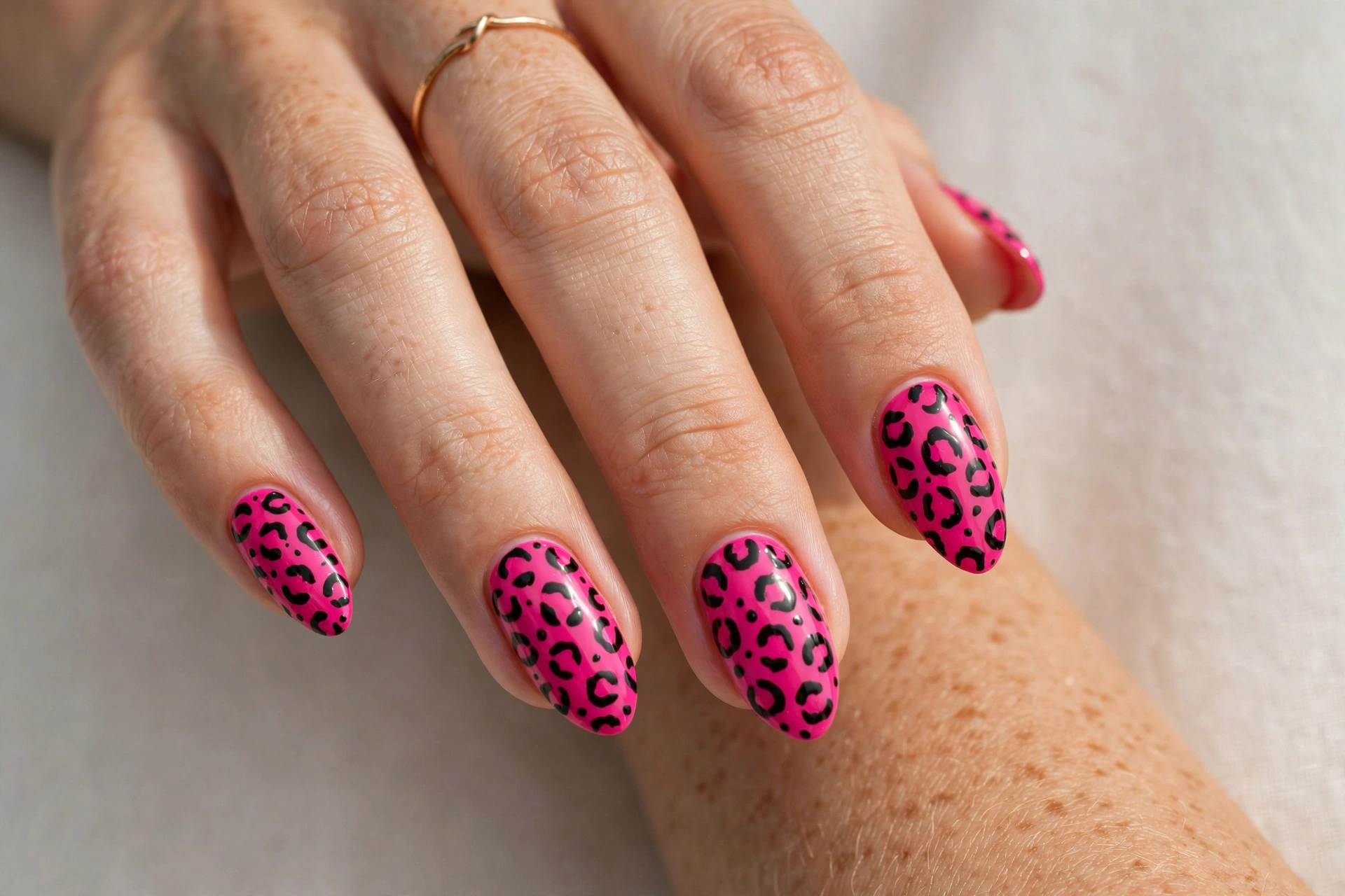 Hot pink nails with black leopard print spots