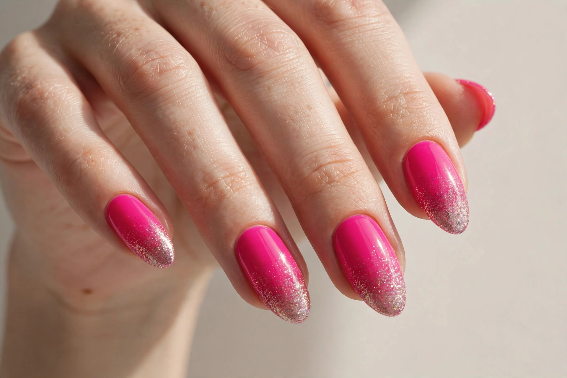Gradient nails fading from hot pink at the cuticle to nude tips