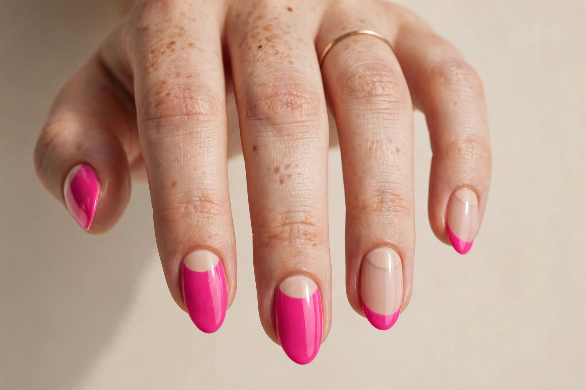 Thin micro hot pink french tips on nude nails