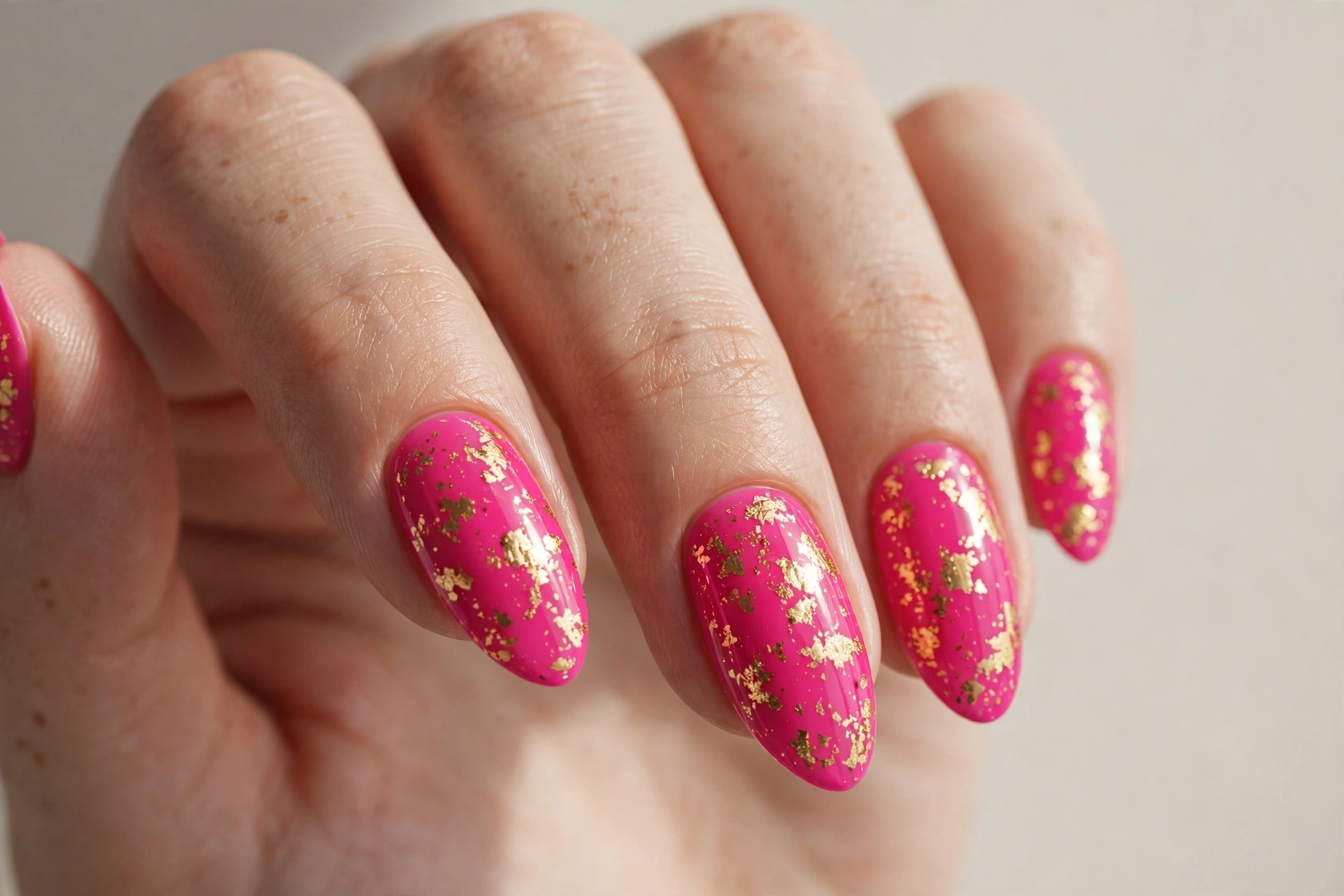 Hot pink nails decorated with gold star accents