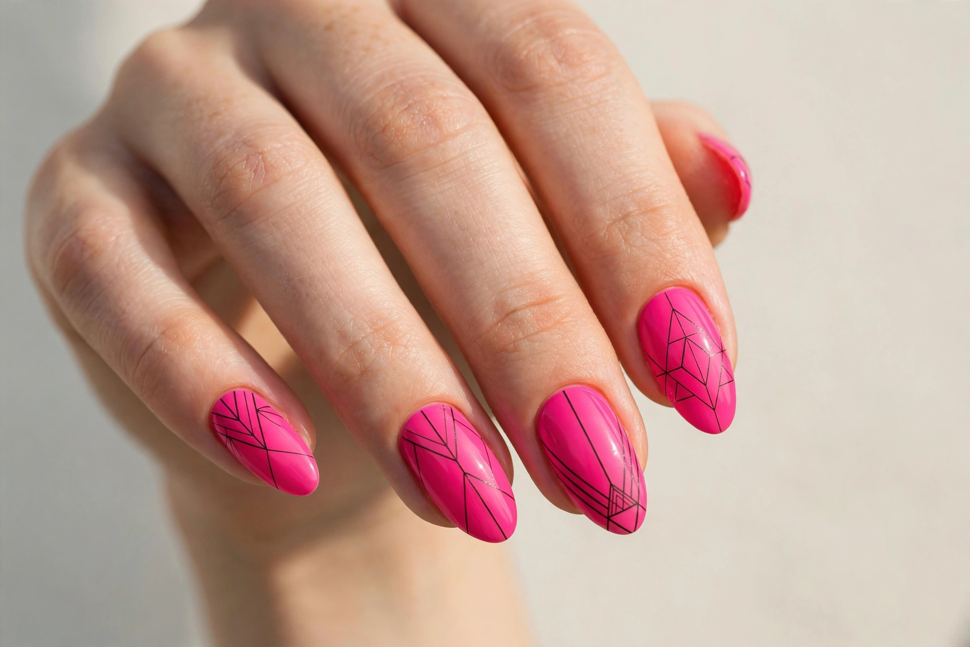Deep hot pink manicure on long almond nails