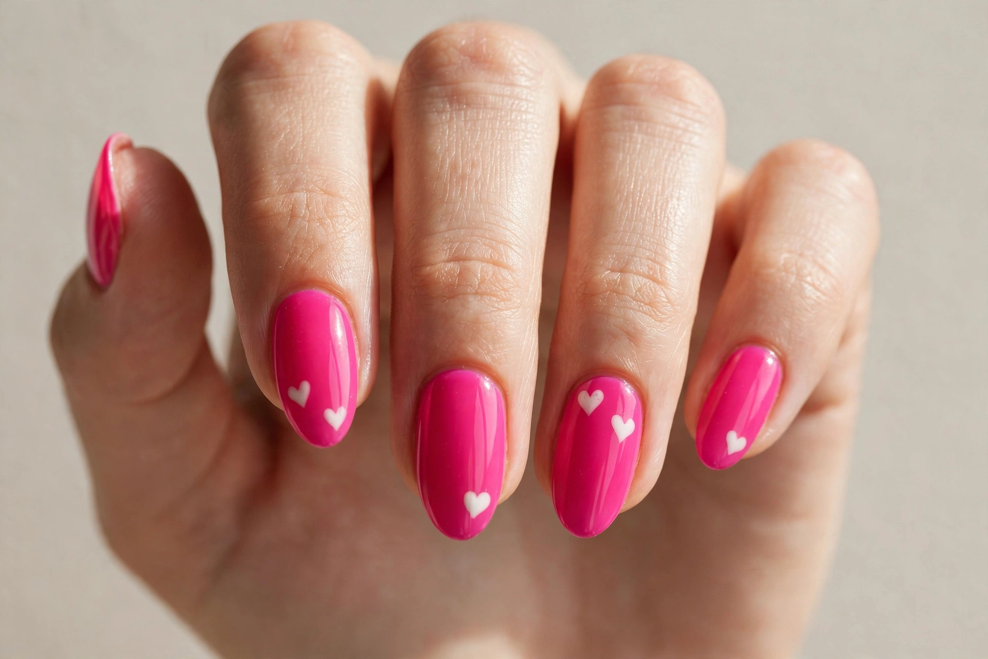 Hot pink nails with one tiny heart accent