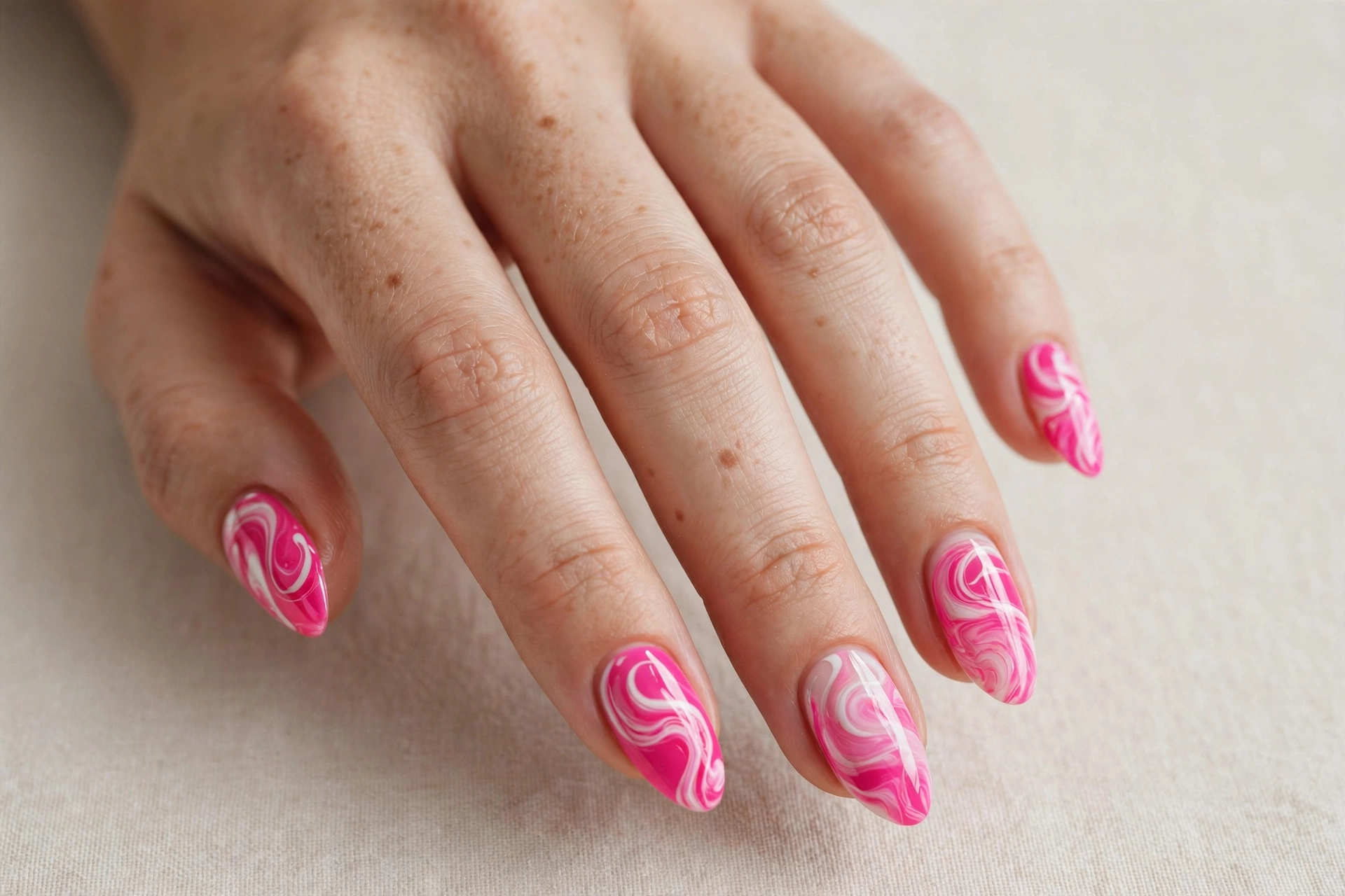 Sheer pink nails with hot pink swirl line art
