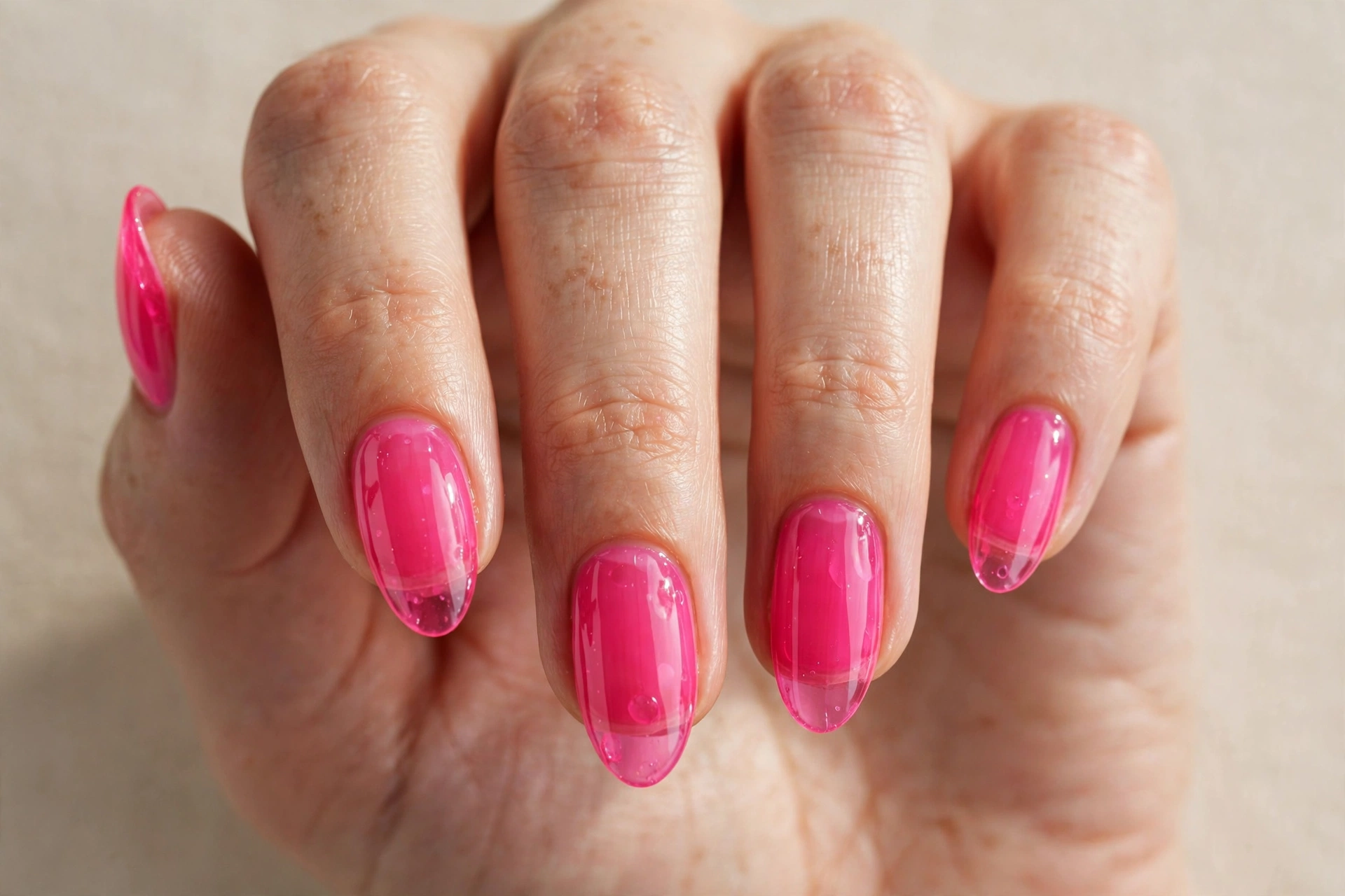 Hot pink nails dusted with fine sparkle glitter