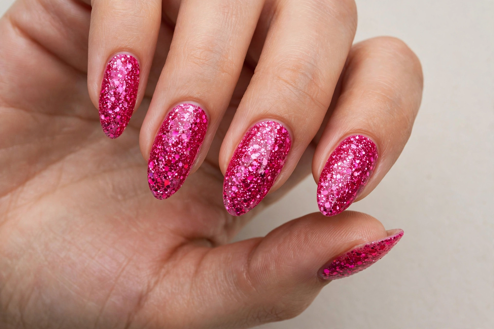 Full coverage hot pink glitter nails