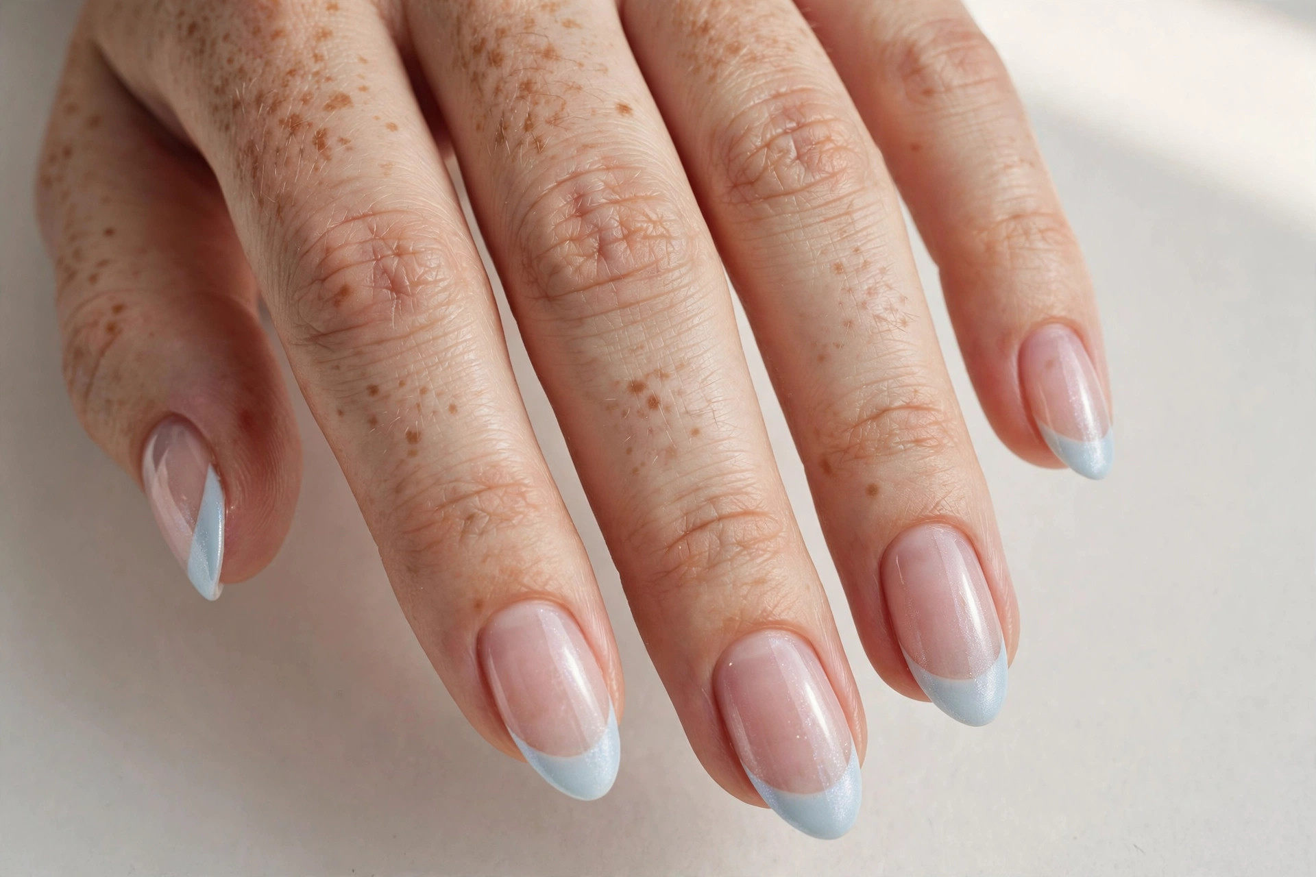 Almond nails with icy pale blue French tips over a sheer pink base