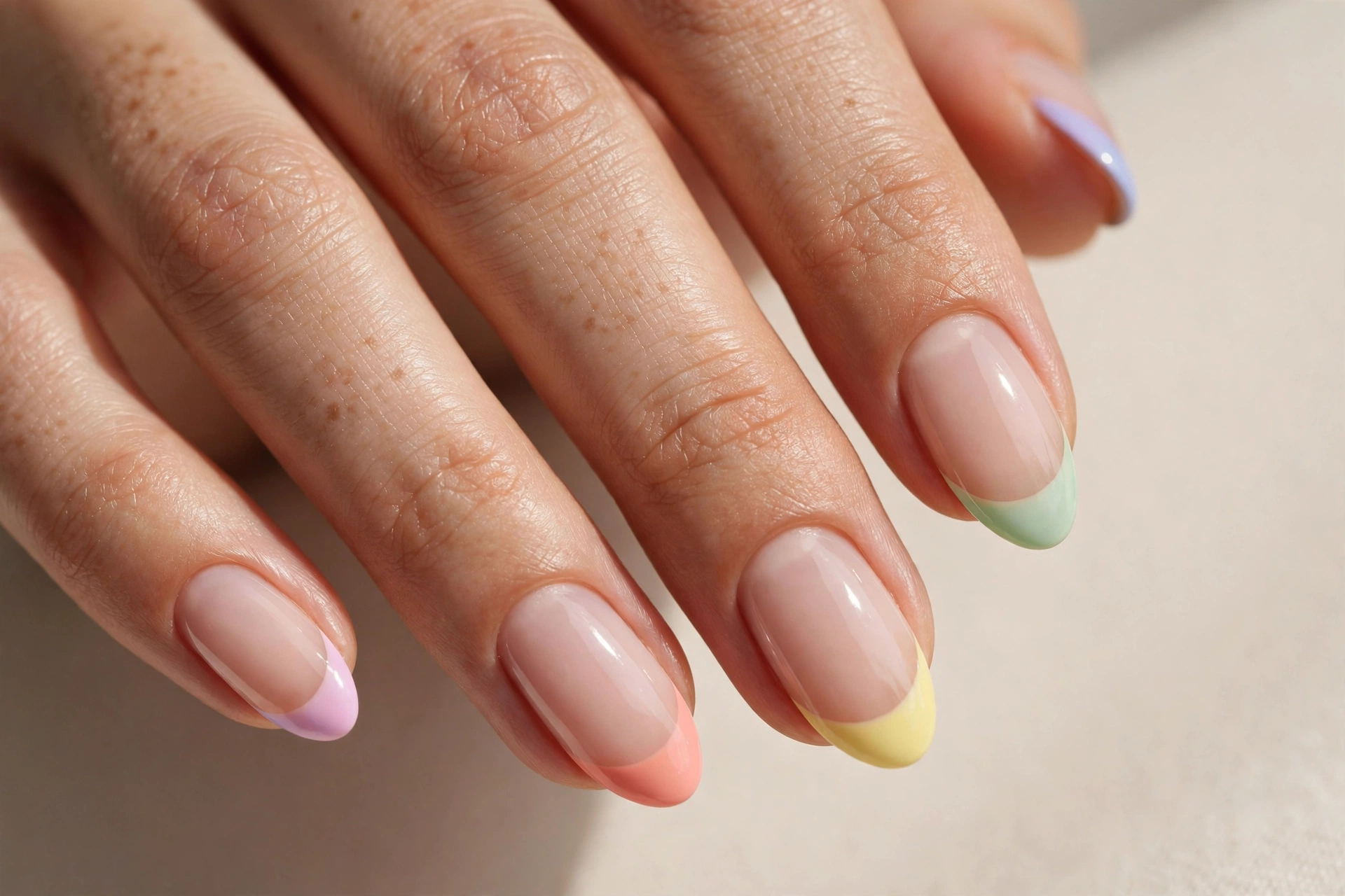 Almond nails with classic French manicure in colorful pastel rainbow tips