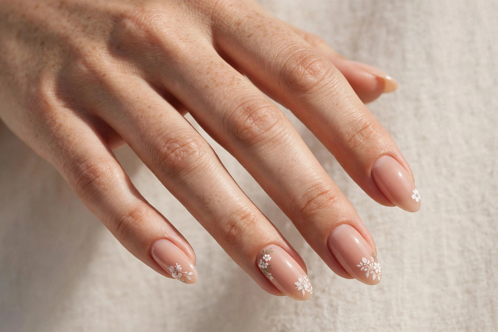 Nude almond nails with delicate white floral nail art accents