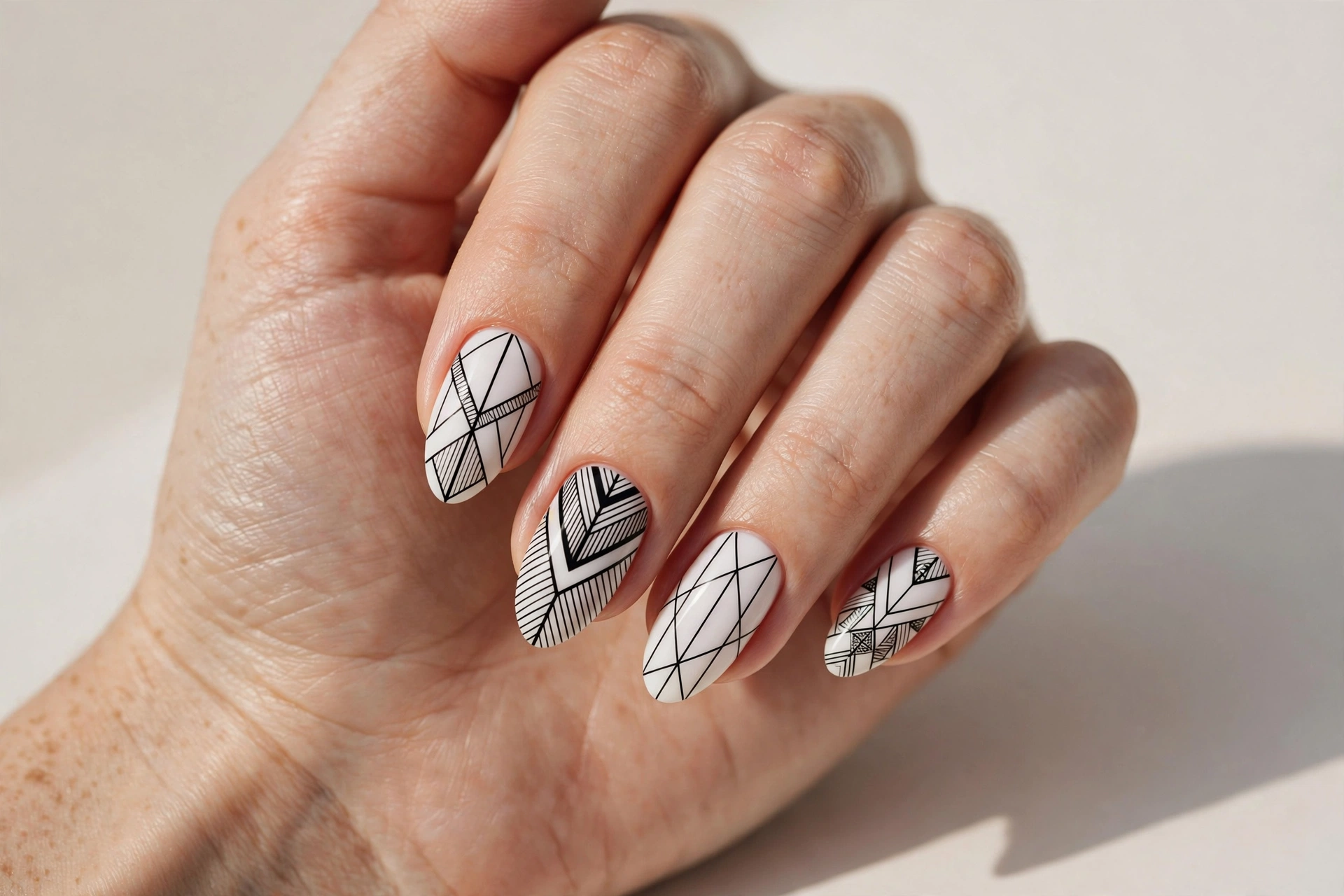 Almond nails with black and white geometric line art design