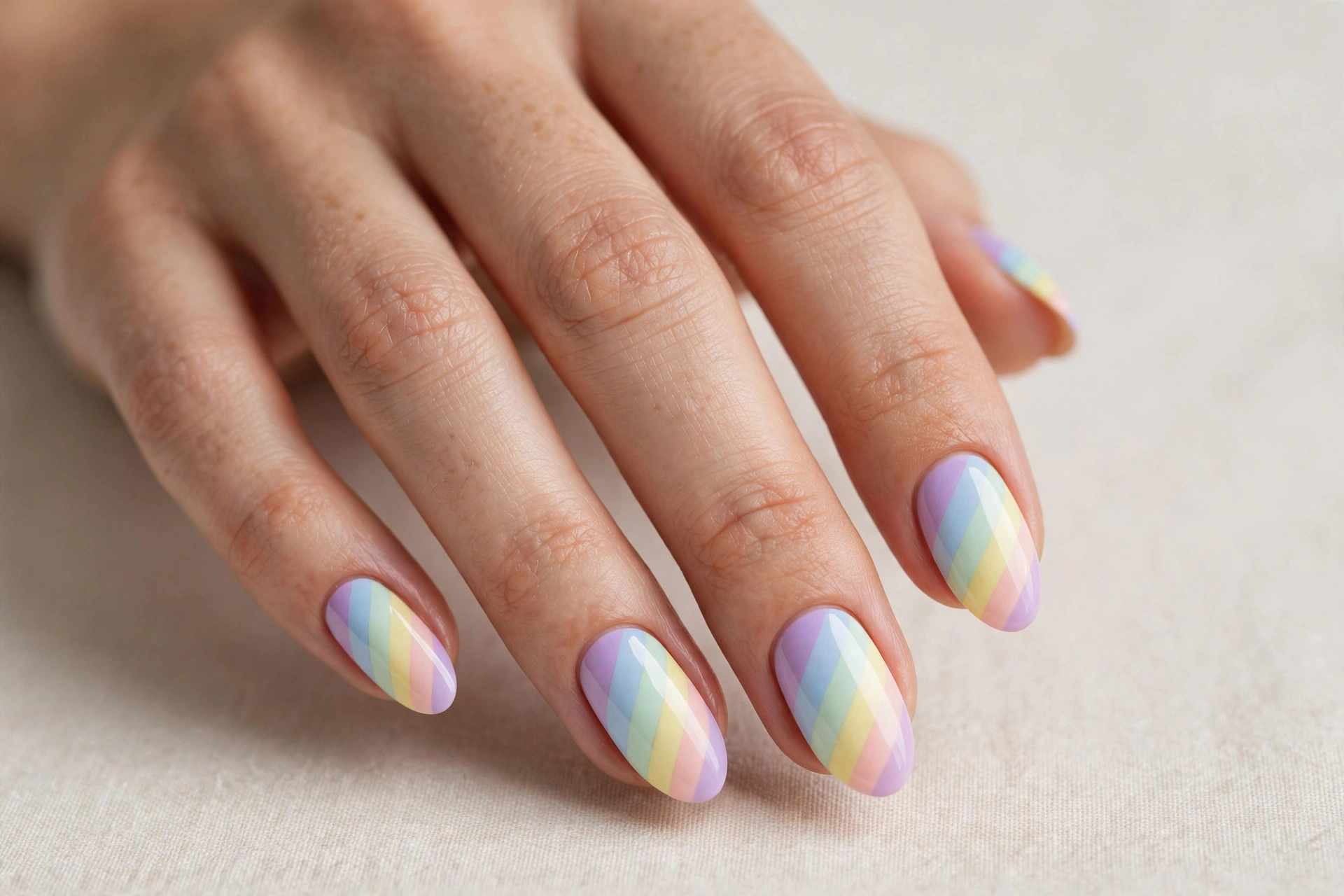 Almond nails with pastel rainbow diagonal stripes nail art