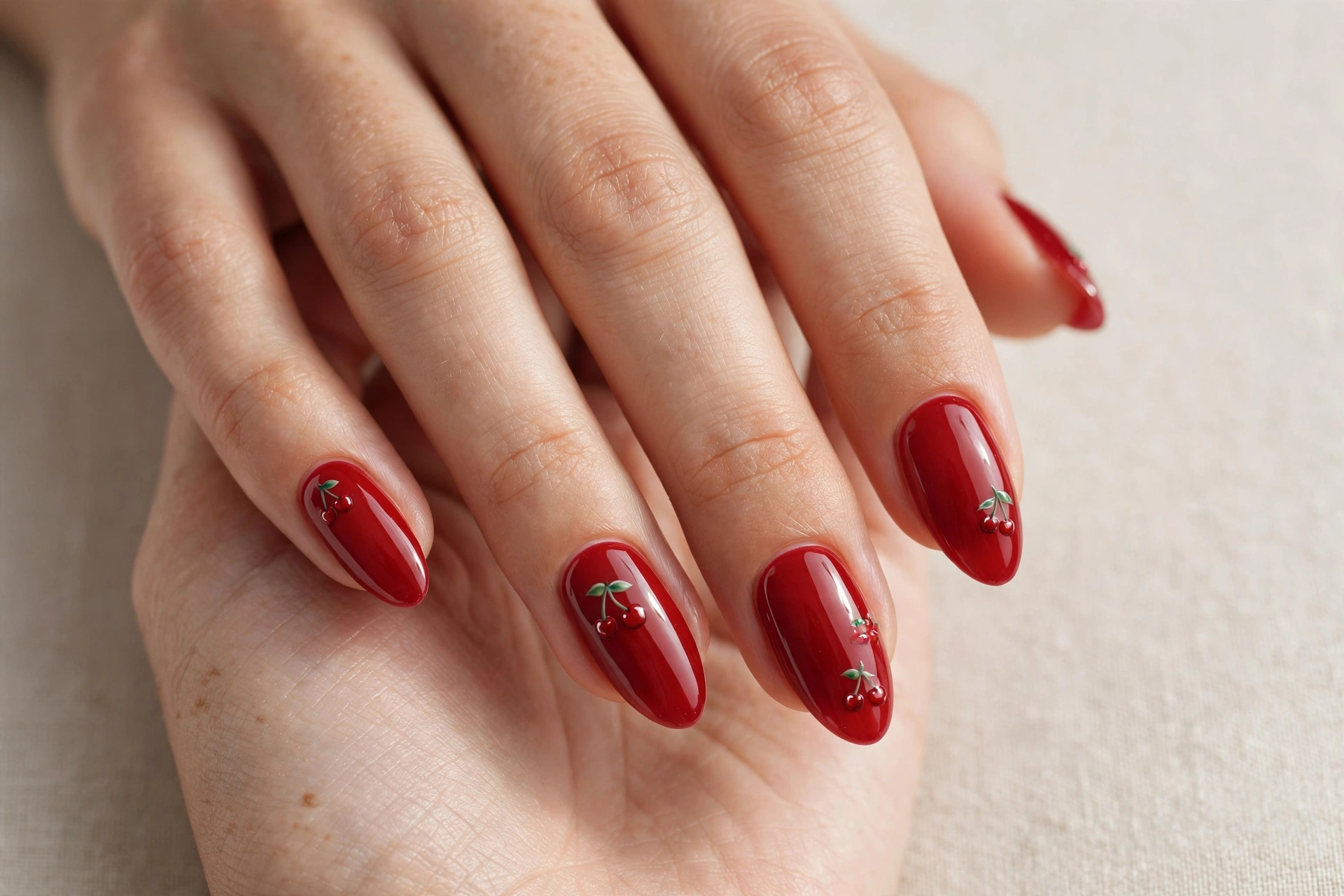Almond nails in cherry red with tiny painted cherry fruit nail art