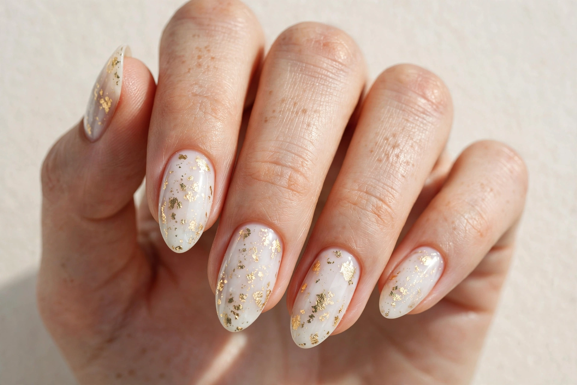 Milky white almond nails with gold foil flakes