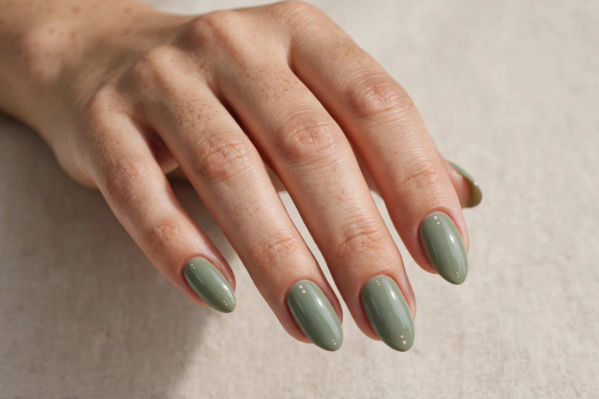 Sage green almond nails with minimalist dot accents