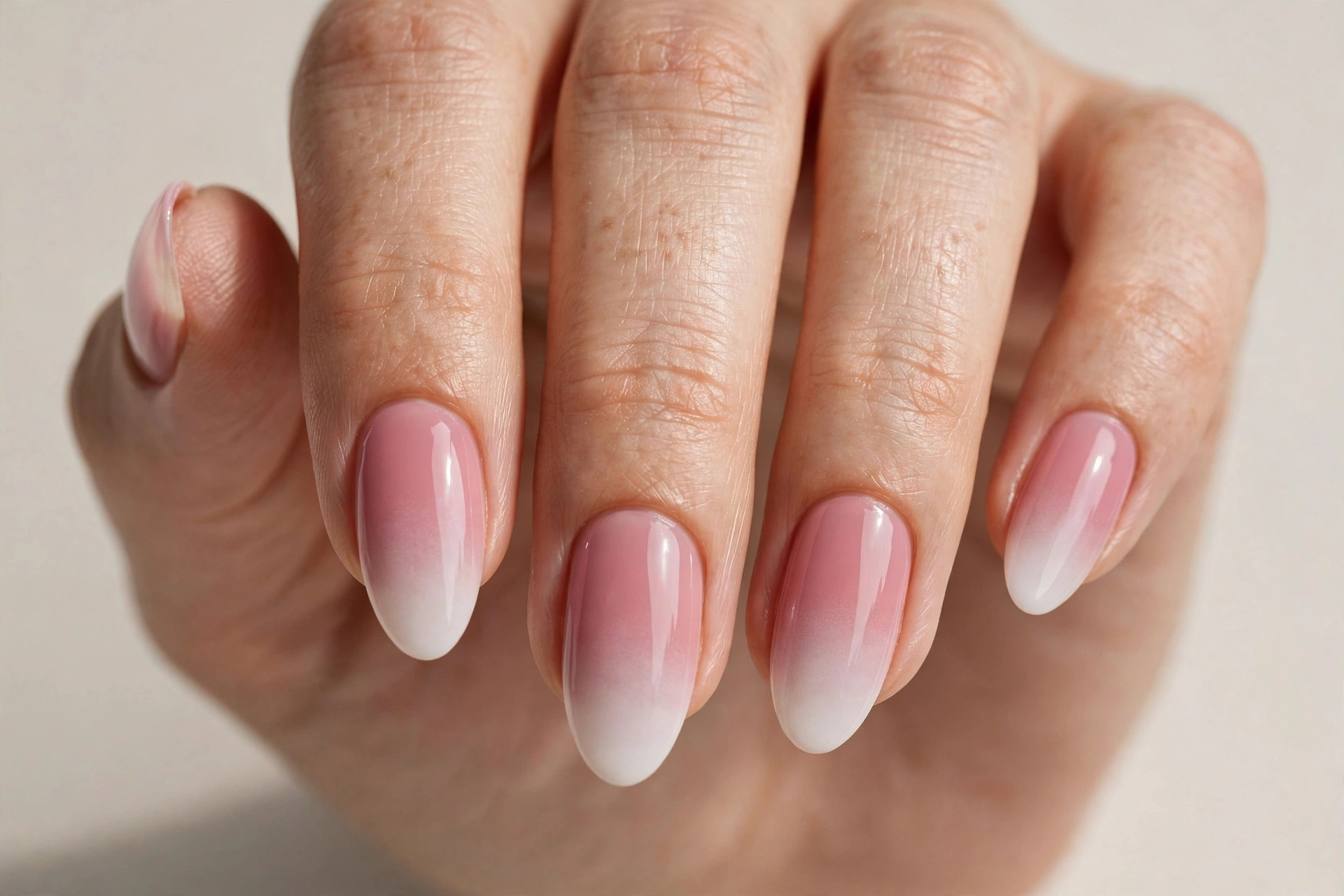 Almond nails with pink baby-boomer ombre manicure