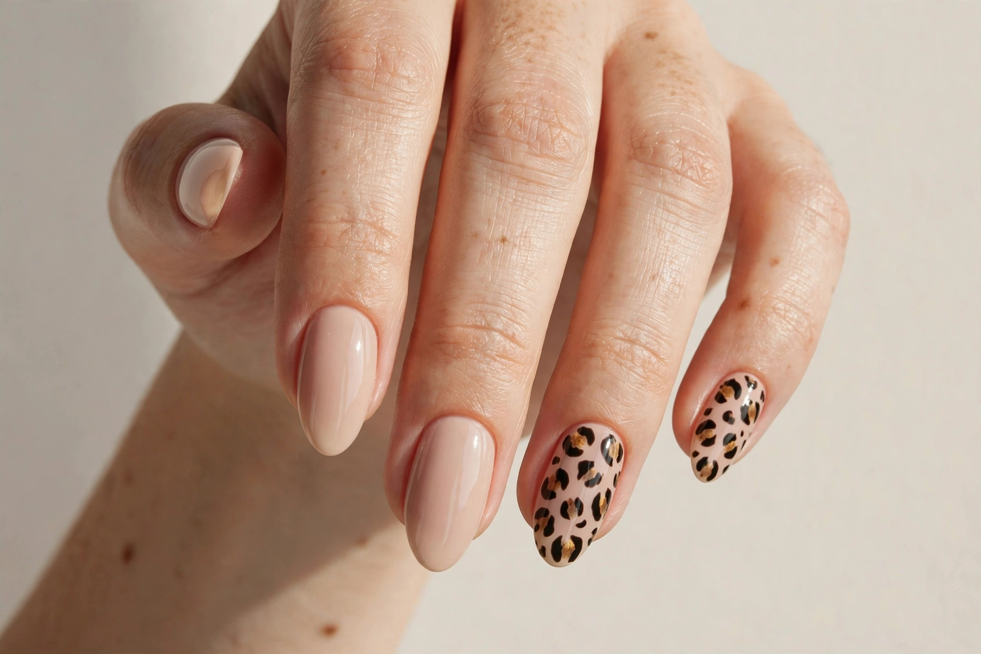 Nude almond nails with leopard print accent nails