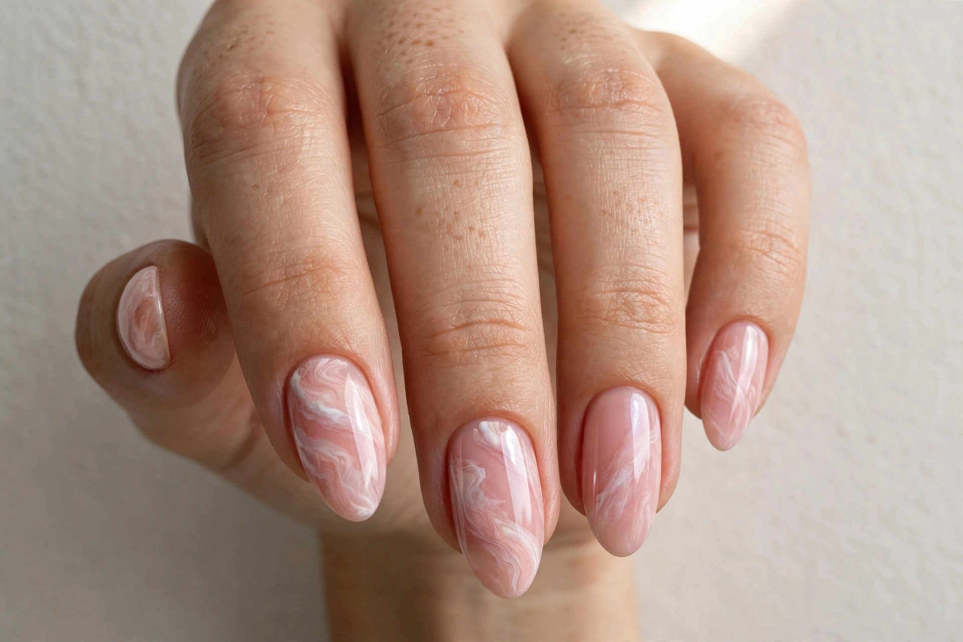Blush pink almond nails with white marble swirl nail art