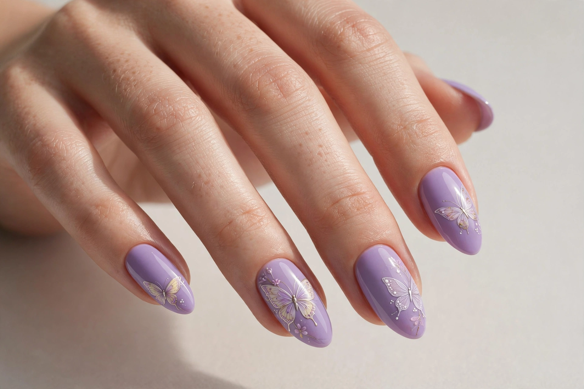 Lavender almond nails with delicate butterfly nail art